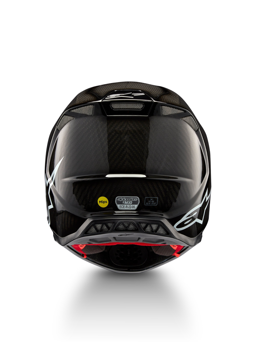 Casque Supertech M10 Solid ECE 22.06, casque de motocross en carbone noir brillant avec graphismes blancs, vue arrière avec ouvertures de ventilation, labels MIPS et certification ECE-R 22.06