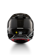 Casque Supertech M10 Solid ECE 22.06, casque de motocross en carbone noir brillant avec graphismes blancs, vue arrière avec ouvertures de ventilation, labels MIPS et certification ECE-R 22.06