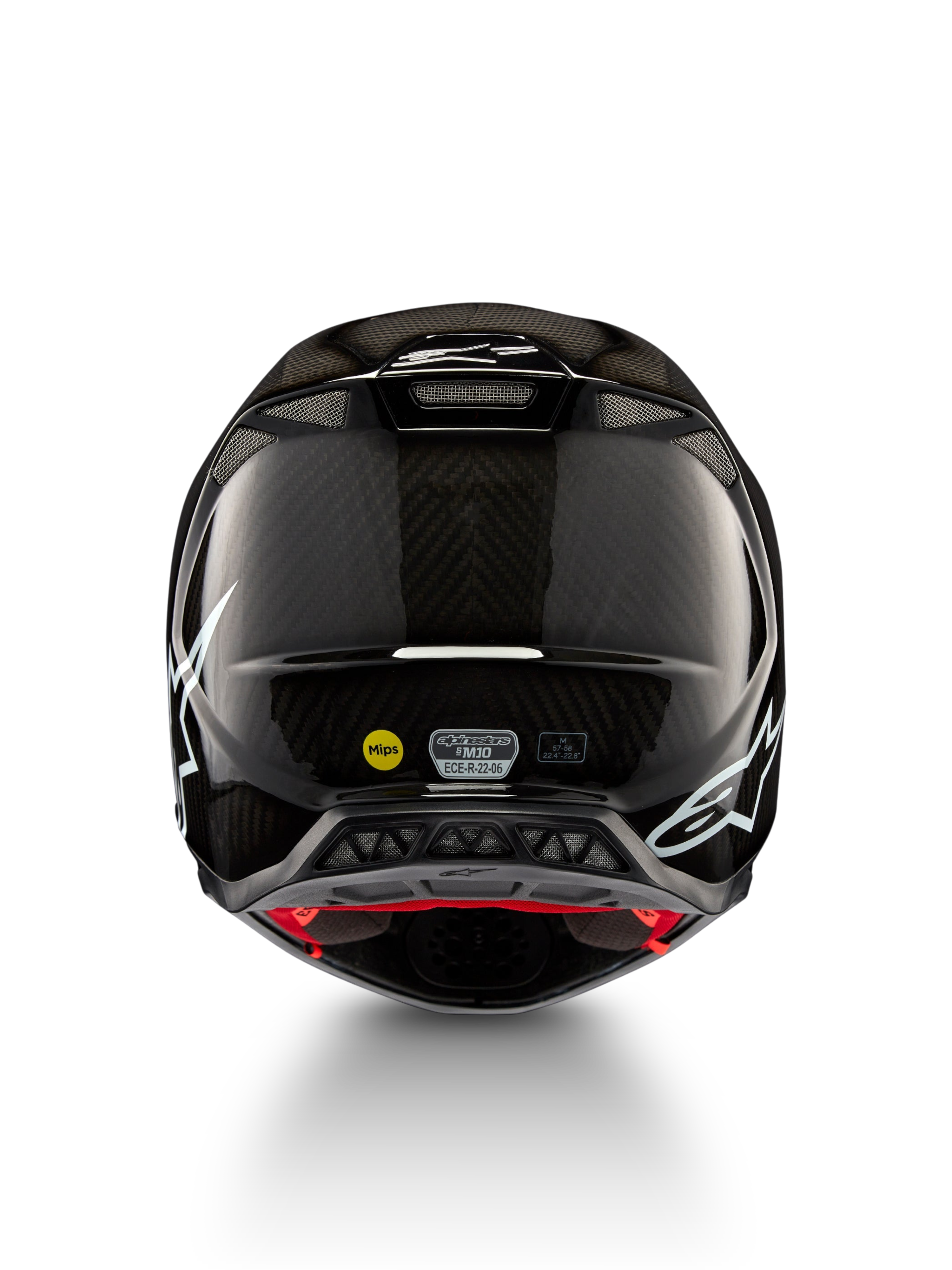 Casque Supertech M10 Solid ECE 22.06, casque de motocross en carbone noir brillant avec graphismes blancs, vue arrière avec ouvertures de ventilation, labels MIPS et certification ECE-R 22.06