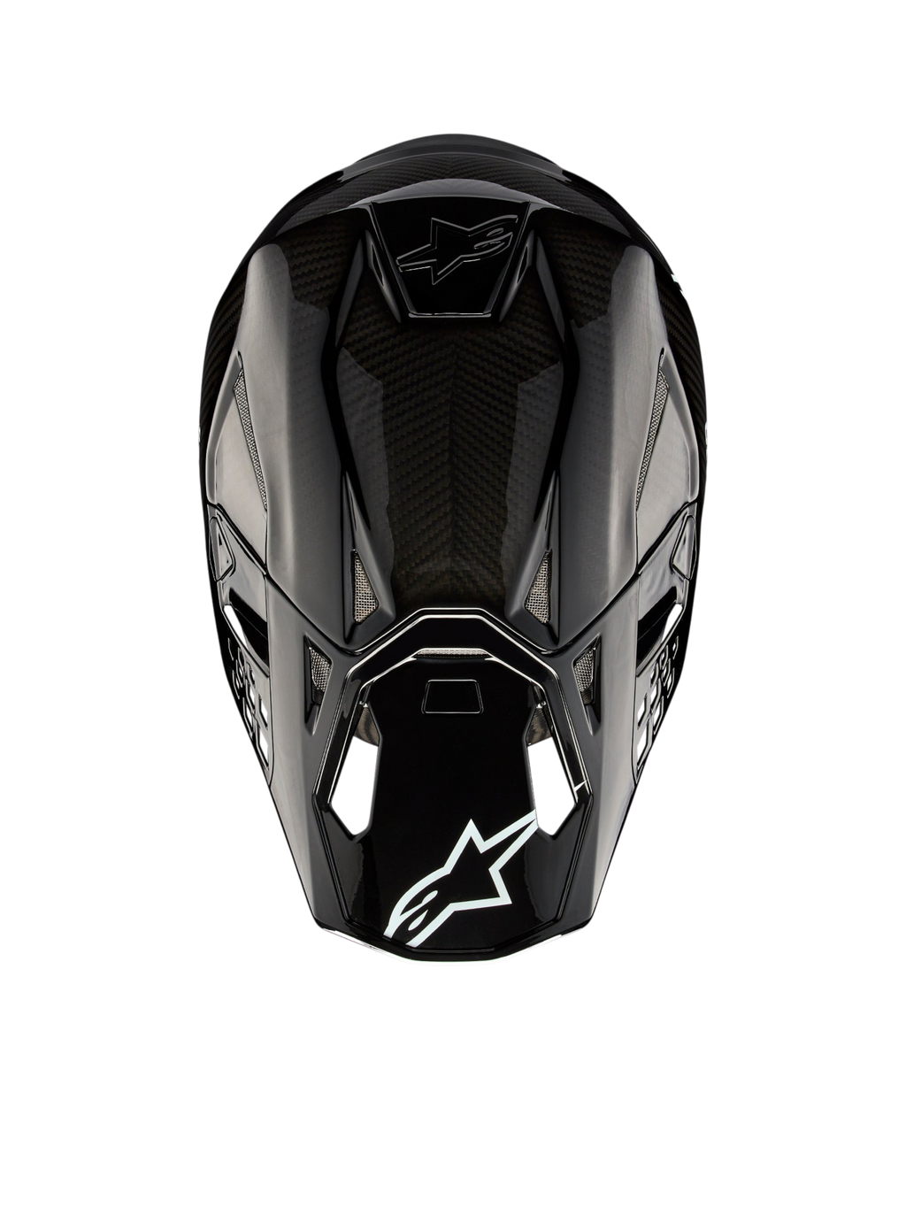 Casque Alpinestars Supertech M10 Solid ECE 22.06, casque de motocross noir carbone brillant, vue arrière avec coque en carbone, aérations et logo Alpinestars, certifié ECE