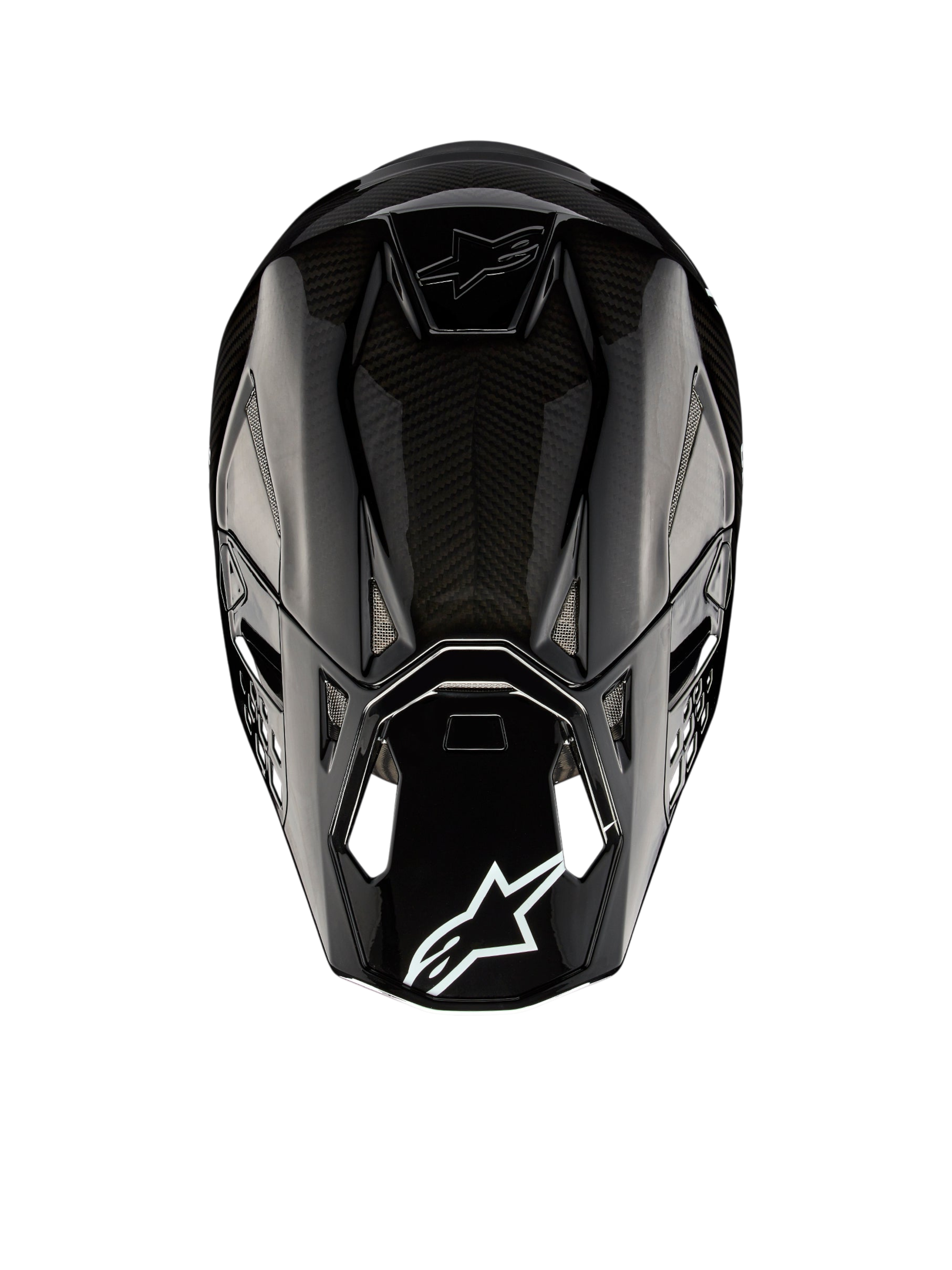 Casque Alpinestars Supertech M10 Solid ECE 22.06, casque de motocross noir carbone brillant, vue arrière avec coque en carbone, aérations et logo Alpinestars, certifié ECE