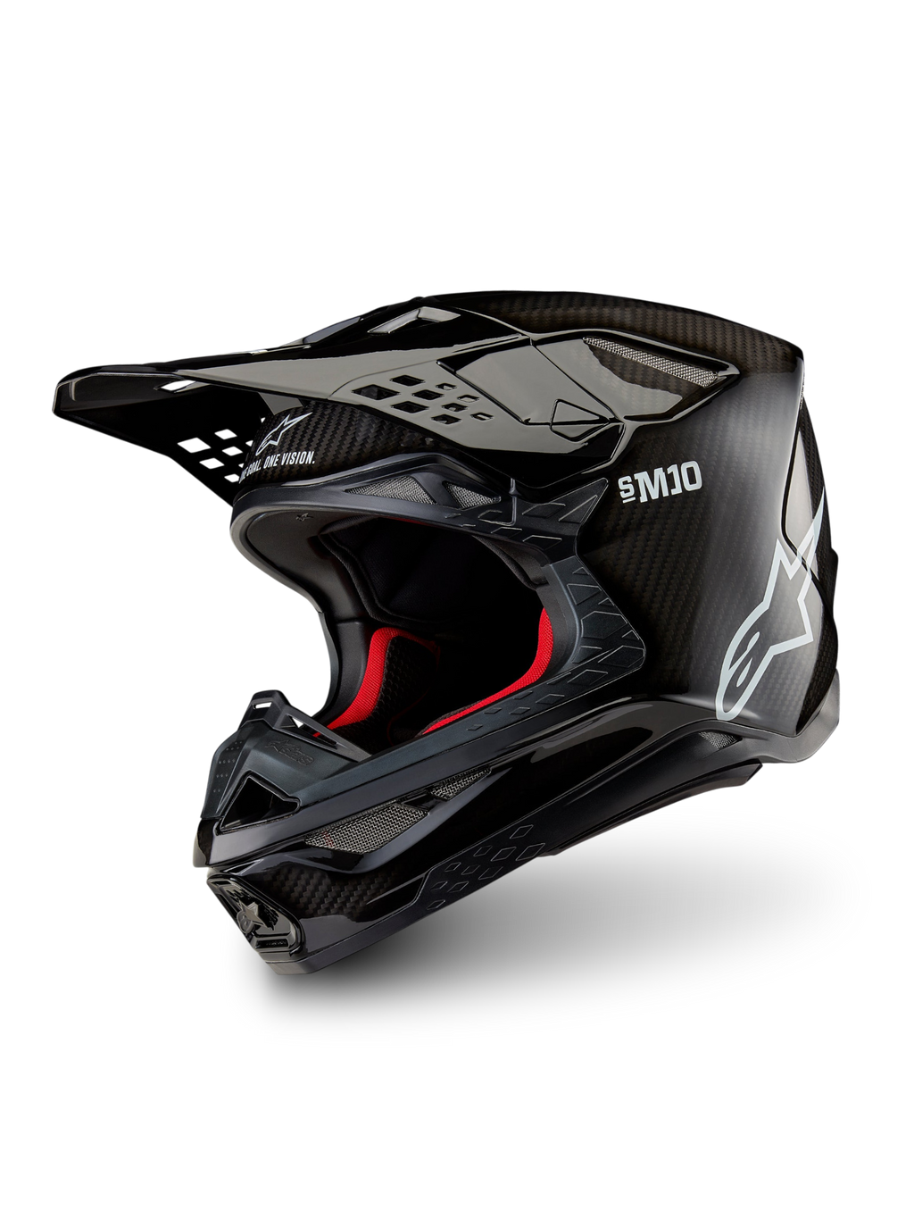 Casque Alpinestars Supertech M10 Solid ECE 22.06, casque de motocross noir en carbone brillant, coque en fibre de carbone, visière et doublure intérieure rouges, vue de trois quarts