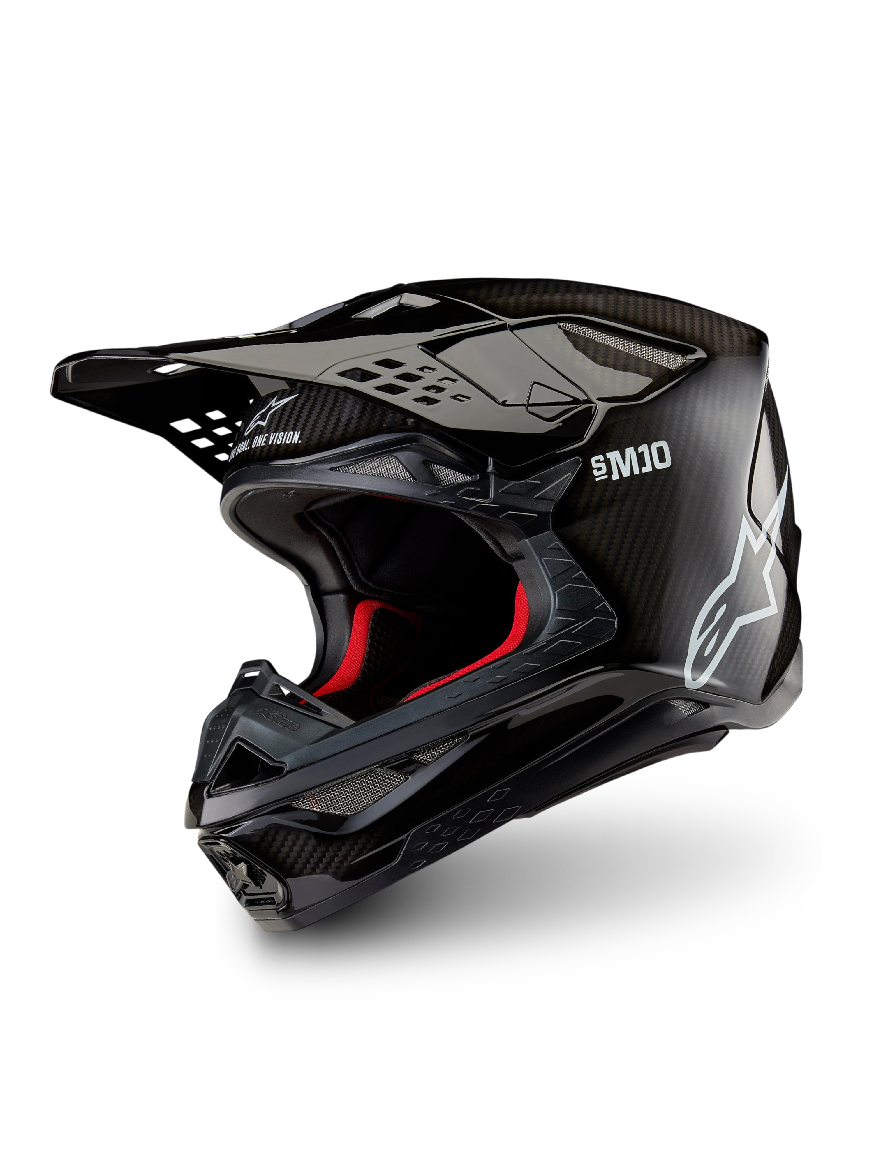 Casque Alpinestars Supertech M10 Solid ECE 22.06, casque de motocross noir en carbone brillant, coque en fibre de carbone, visière et doublure intérieure rouges, vue de trois quarts