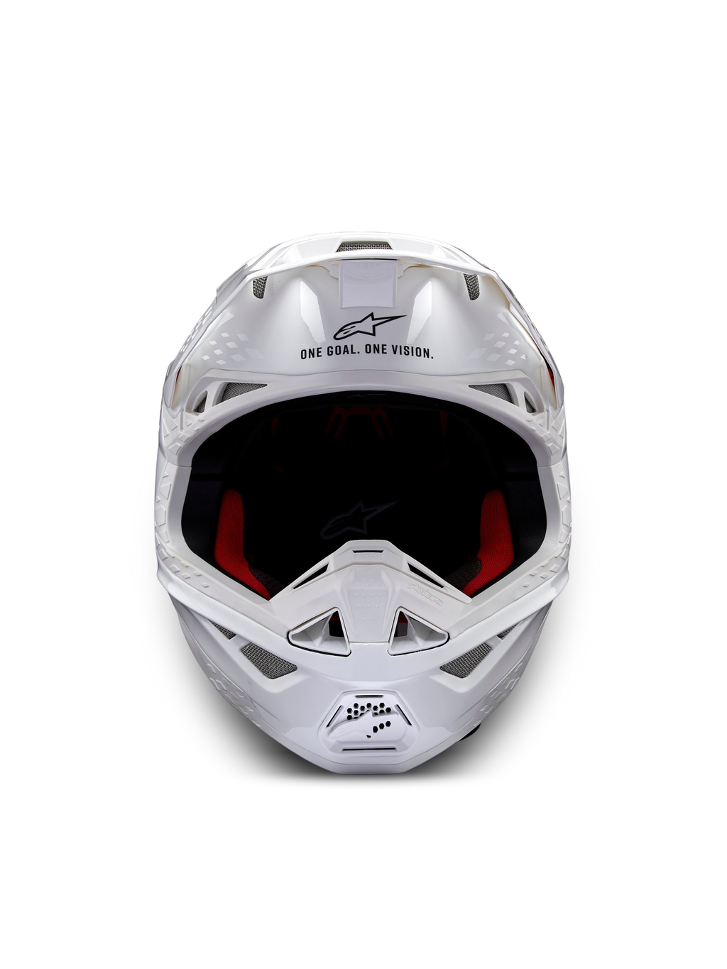 Alpinestars Supertech M10 Solid ECE 22.06, casque de motocross blanc brillant, vue de face avec rembourrage intérieur rouge et noir