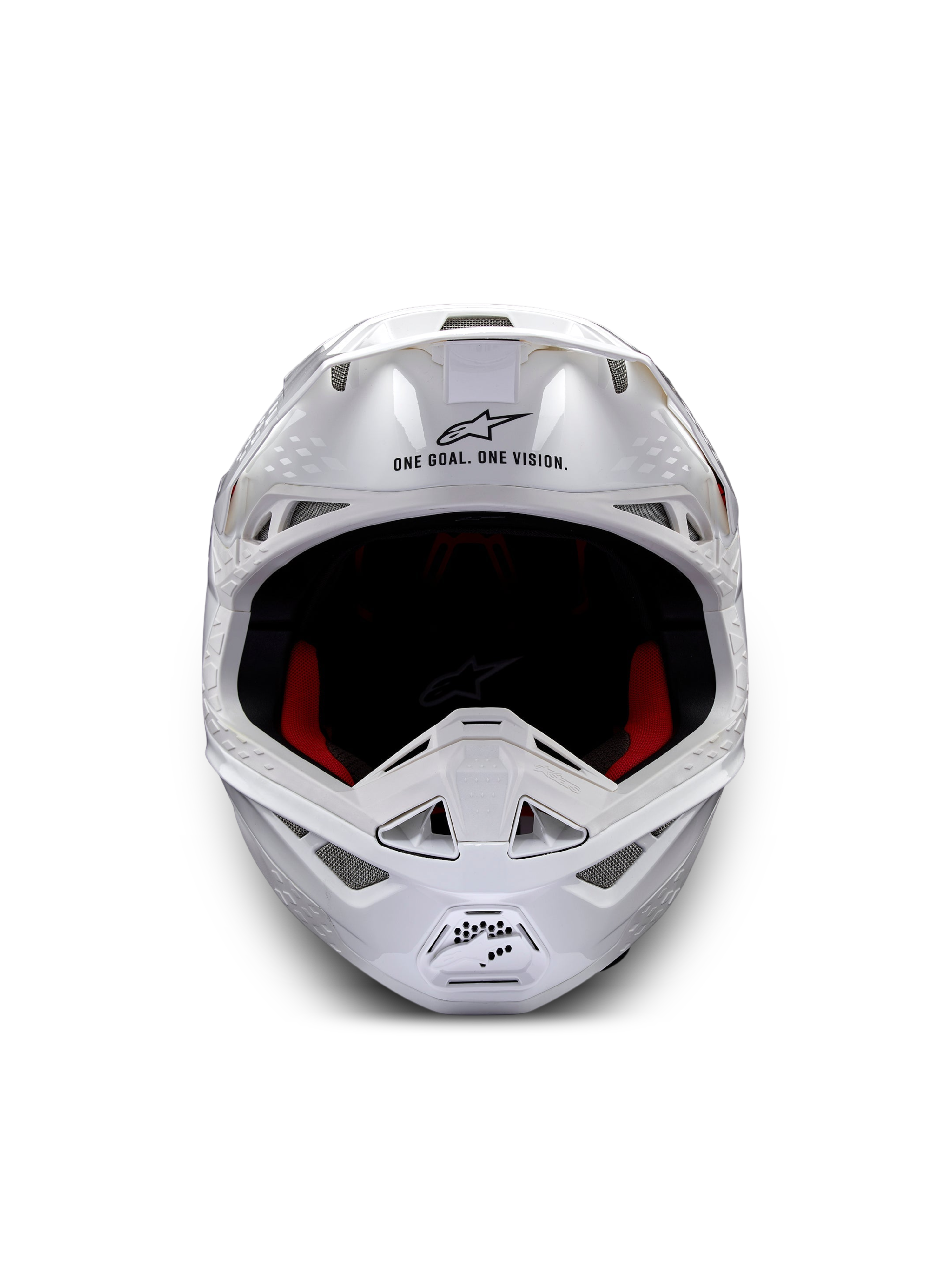 Alpinestars Supertech M10 Solid ECE 22.06, casque de motocross blanc brillant, vue de face avec rembourrage intérieur rouge et noir