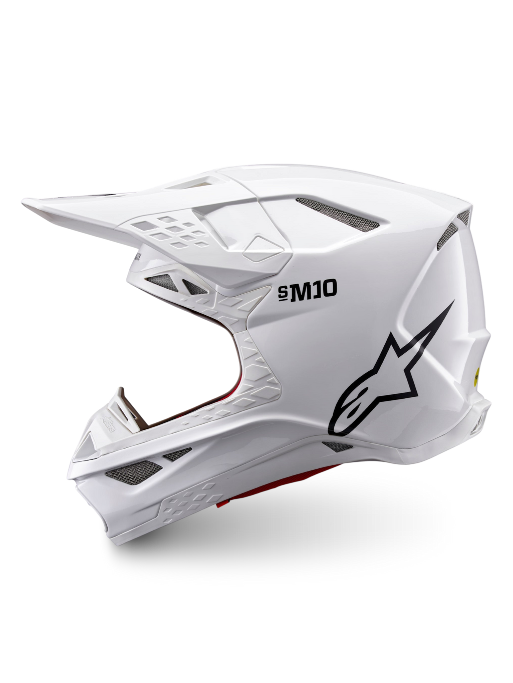 Alpinestars Supertech M10 Solid ECE 22.06, casque de motocross intégral blanc brillant avec logo noir, profil latéral et multiples ouvertures de ventilation