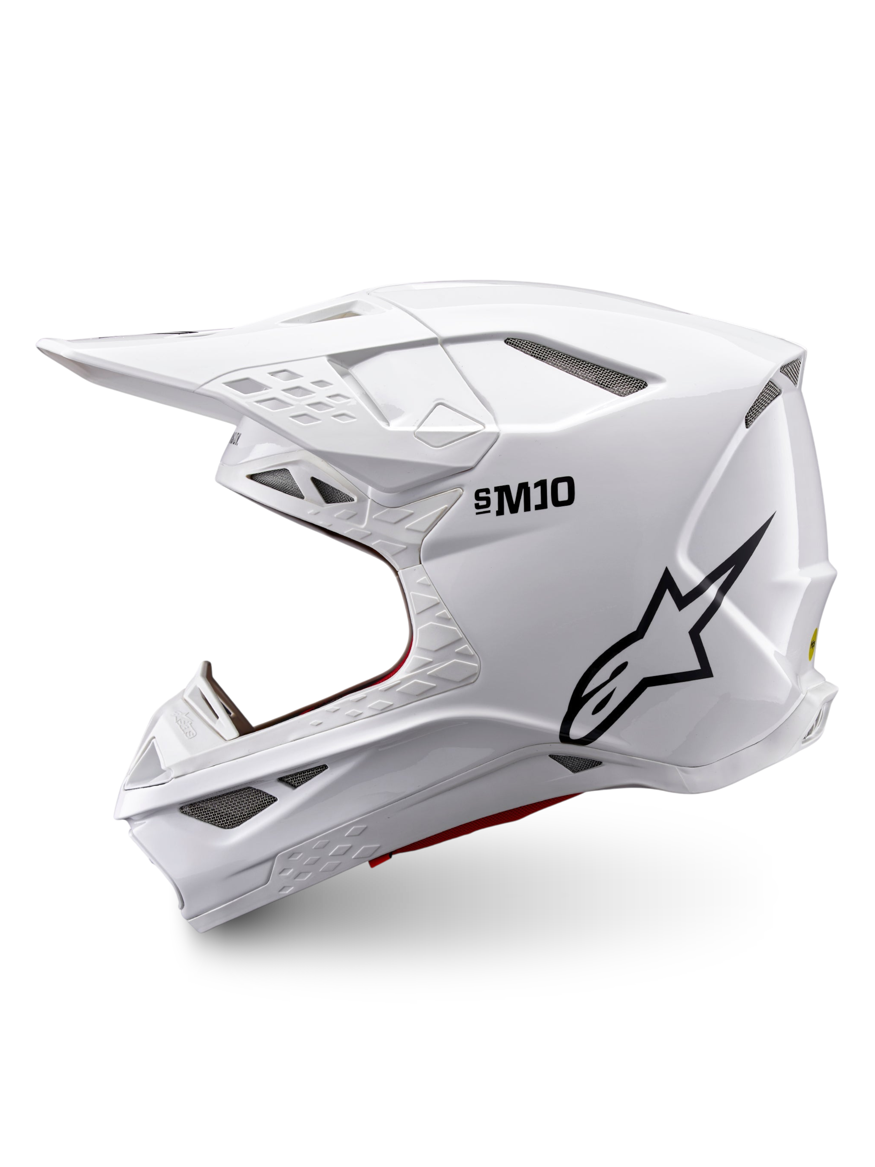 Alpinestars Supertech M10 Solid ECE 22.06, casque de motocross intégral blanc brillant avec logo noir, profil latéral et multiples ouvertures de ventilation