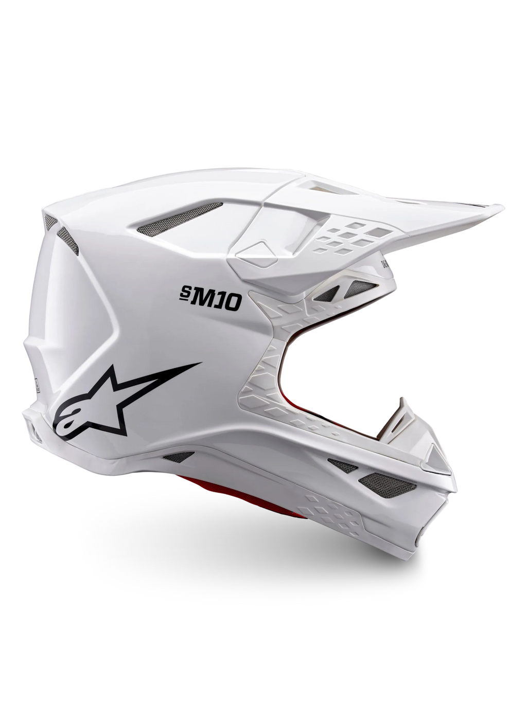 Casque Alpinestars Supertech M10 Solid ECE 22.06, casque de motocross blanc brillant avec logo noir, visière et conception intégrale ventilée, vue de profil