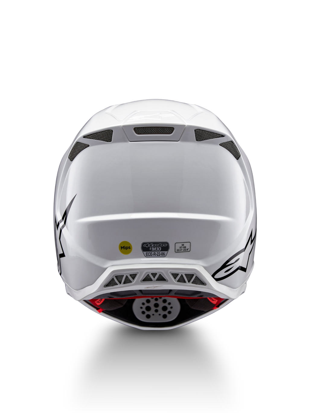Alpinestars Supertech M10 Solid ECE 22.06, casque de motocross blanc brillant avec graphismes noirs, vue arrière, ouvertures de ventilation, labels MIPS et ECE