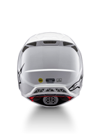 Alpinestars Supertech M10 Solid ECE 22.06, casque de motocross blanc brillant avec graphismes noirs, vue arrière, ouvertures de ventilation, labels MIPS et ECE