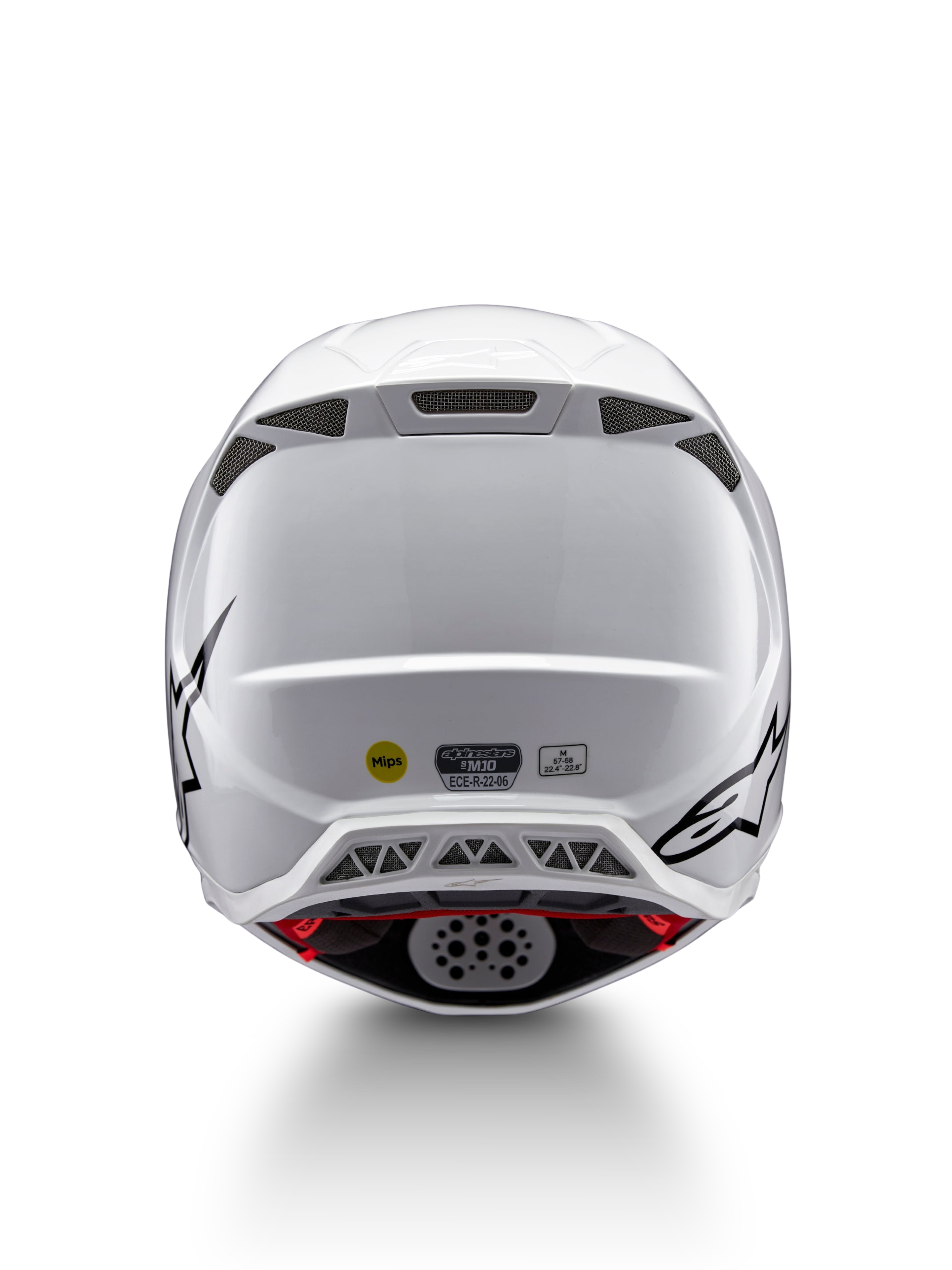 Alpinestars Supertech M10 Solid ECE 22.06, casque de motocross blanc brillant avec graphismes noirs, vue arrière, ouvertures de ventilation, labels MIPS et ECE