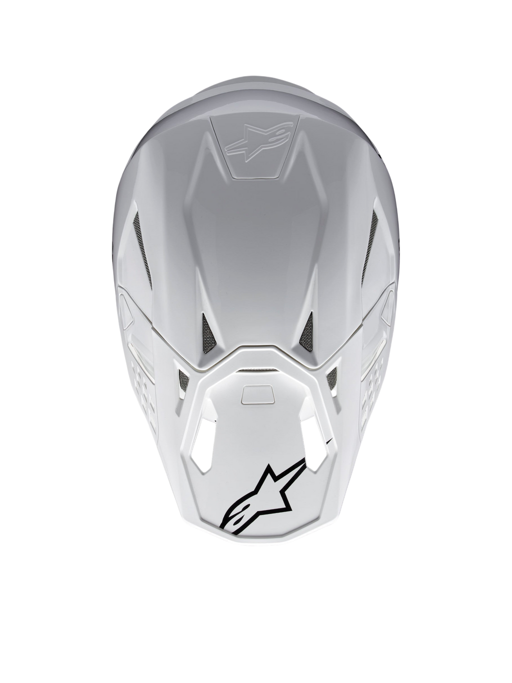 Casque Alpinestars Supertech M10 Solid ECE 22.06, casque de motocross blanc brillant, vue arrière avec ouvertures de ventilation et logos Alpinestars noirs, coque composite carbone et aramide