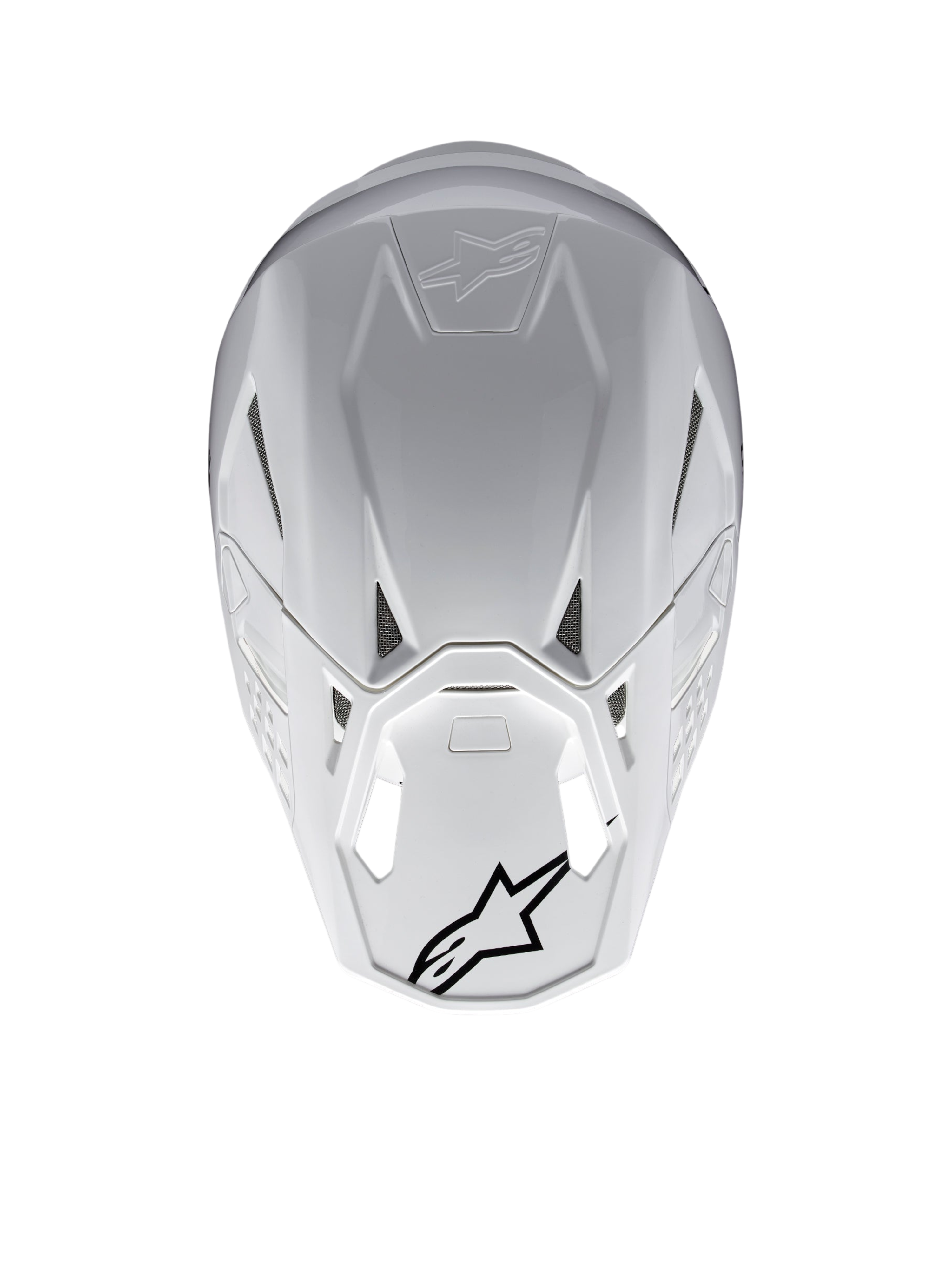Casque Alpinestars Supertech M10 Solid ECE 22.06, casque de motocross blanc brillant, vue arrière avec ouvertures de ventilation et logos Alpinestars noirs, coque composite carbone et aramide