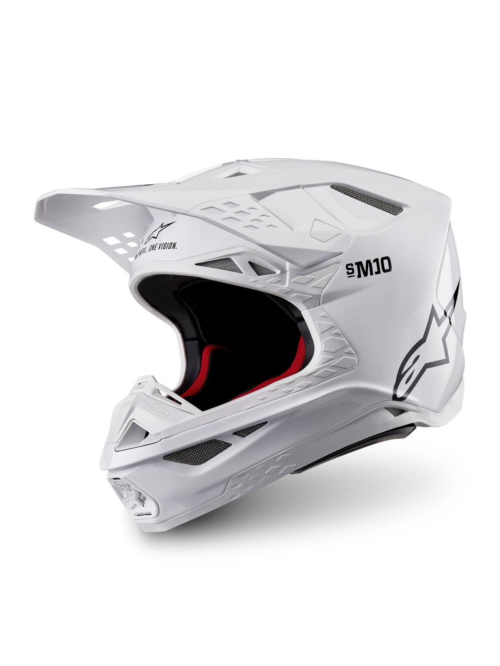 Alpinestars Supertech M10 Solid ECE 22.06, casque de motocross blanc brillant, intérieur noir et rouge, visière et ouvertures de ventilation, vue trois quarts