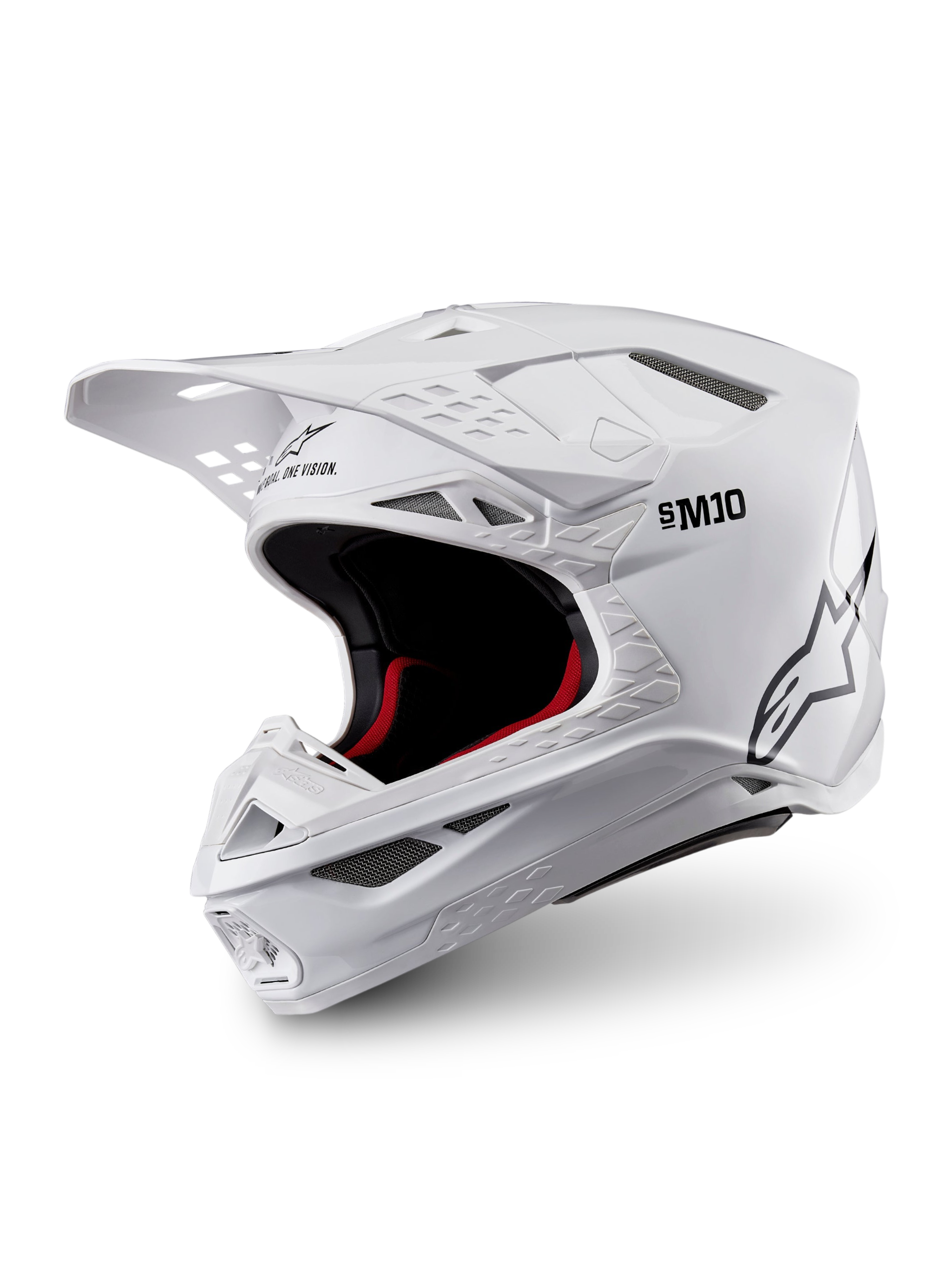 Alpinestars Supertech M10 Solid ECE 22.06, casque de motocross blanc brillant, intérieur noir et rouge, visière et ouvertures de ventilation, vue trois quarts