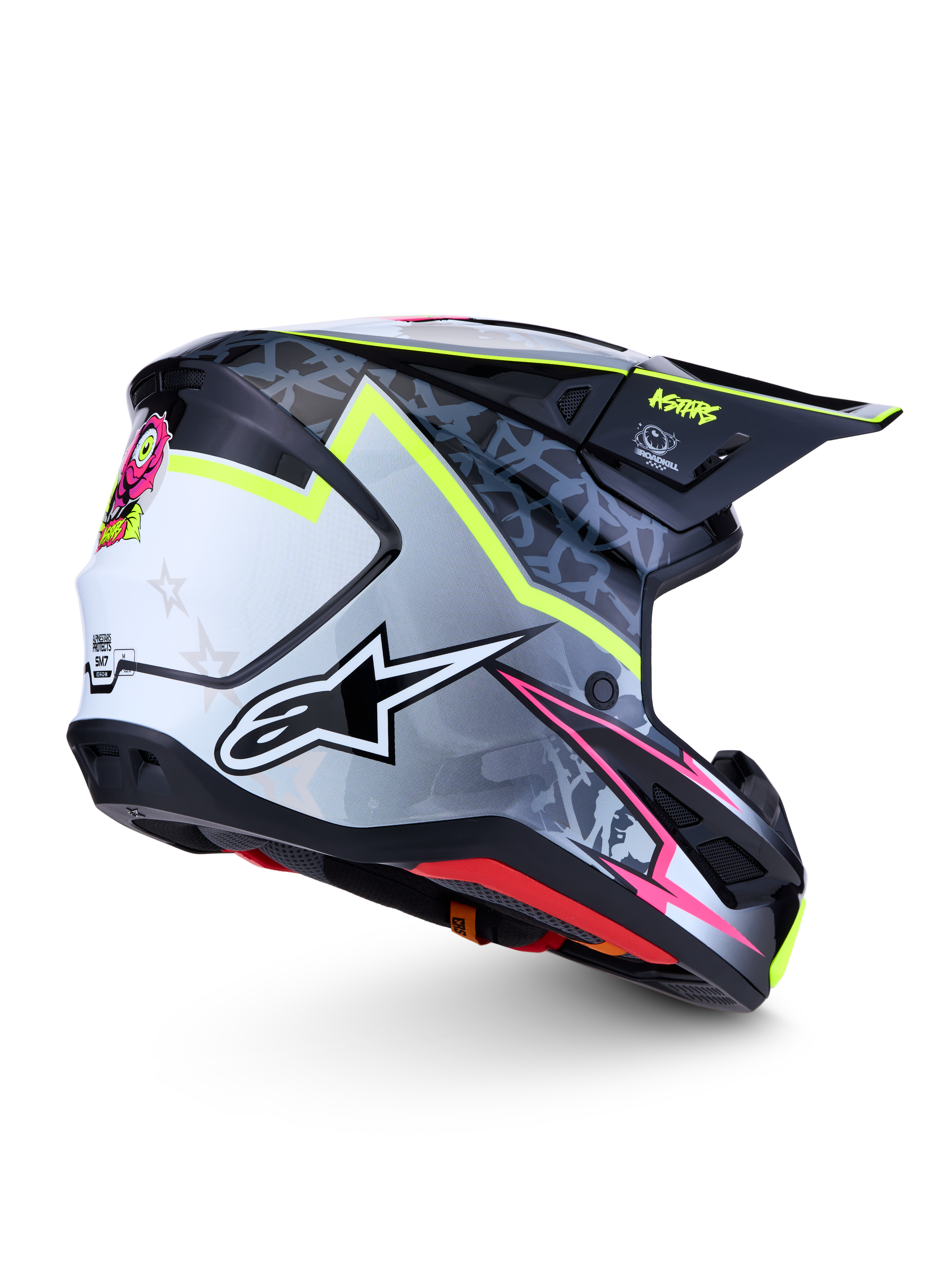Alpinestars S-M7 Blaster ECE06, casque de course motocross noir et gris avec accents jaunes fluorescents, certifié ECE 22.06.