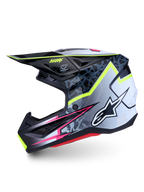 Casque Alpinestars S-M7 Blaster ECE06, casque de motocross noir et gris avec graphiques jaune fluo et rose