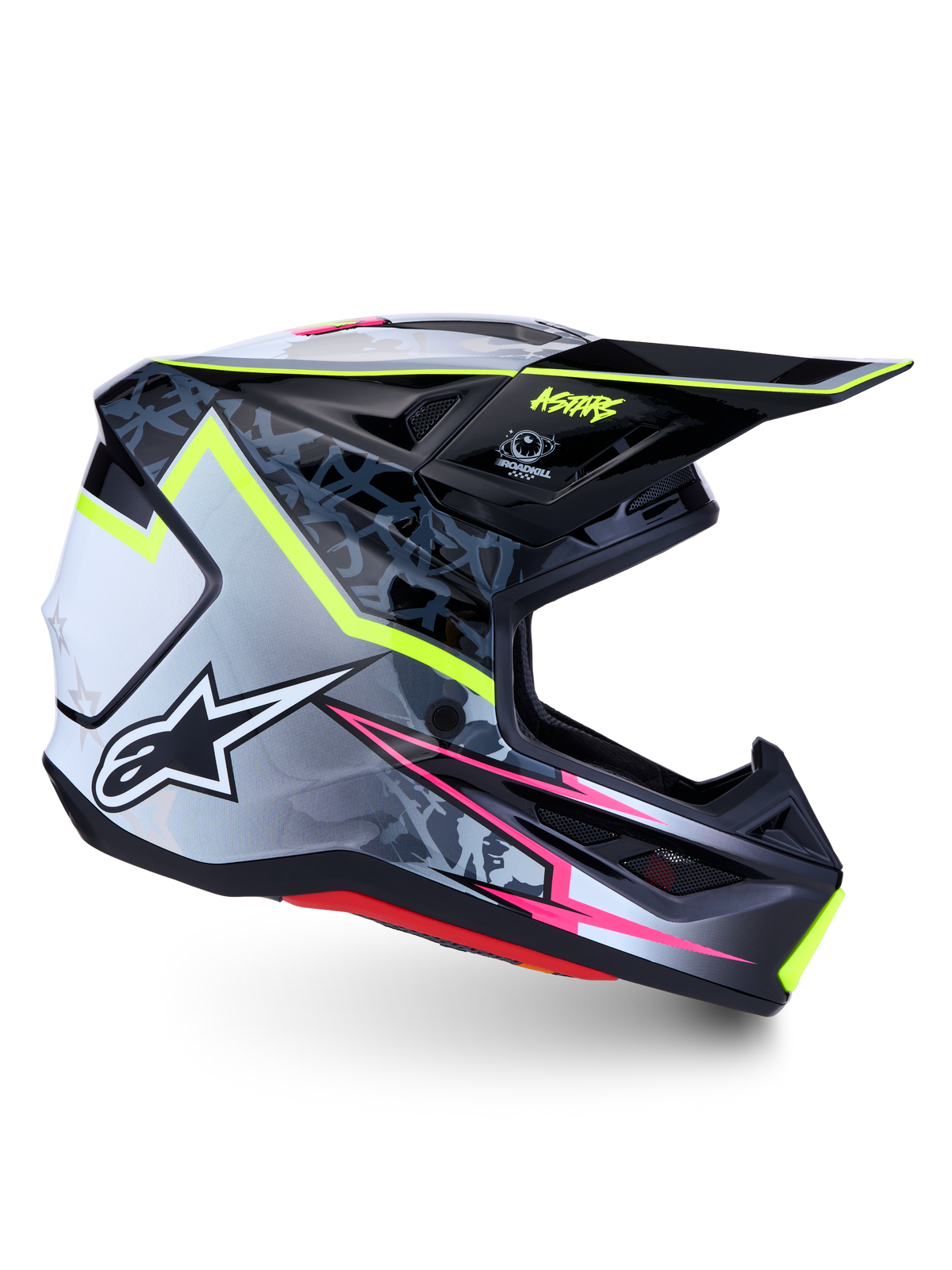 Alpinestars S-M7 Blaster Motocross Helmet, Black and Gray with Yellow Fluo and Pink, ECE 22.06 certified.