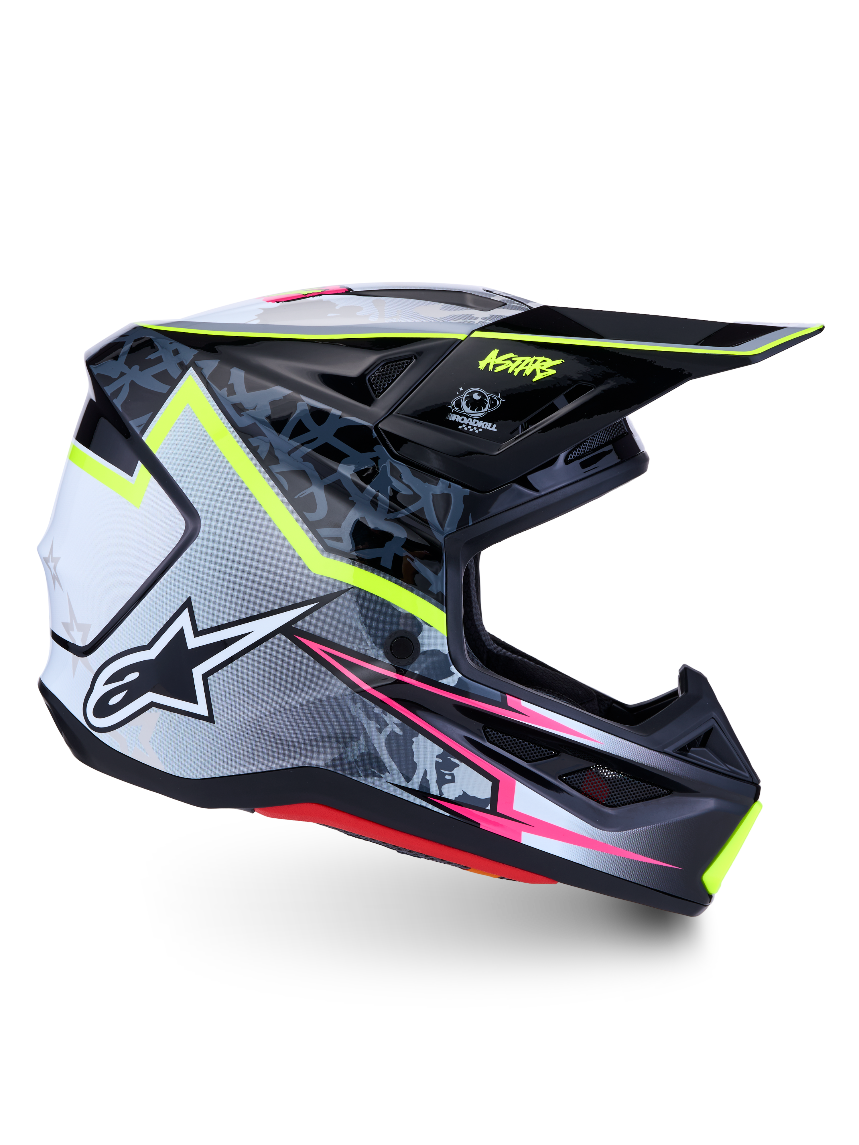 Casque Alpinestars S-M7 Blaster ECE 22.06, casque de motocross noir et gris avec jaune fluo et rose, design aérodynamique.