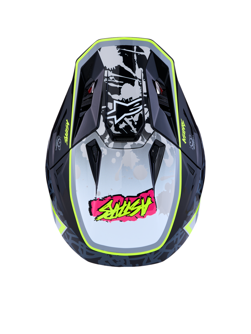 Casque Alpinestars S-M7 Blaster ECE06, casque de motocross noir et jaune fluo, coque aérodynamique vue de dessus, certifié ECE