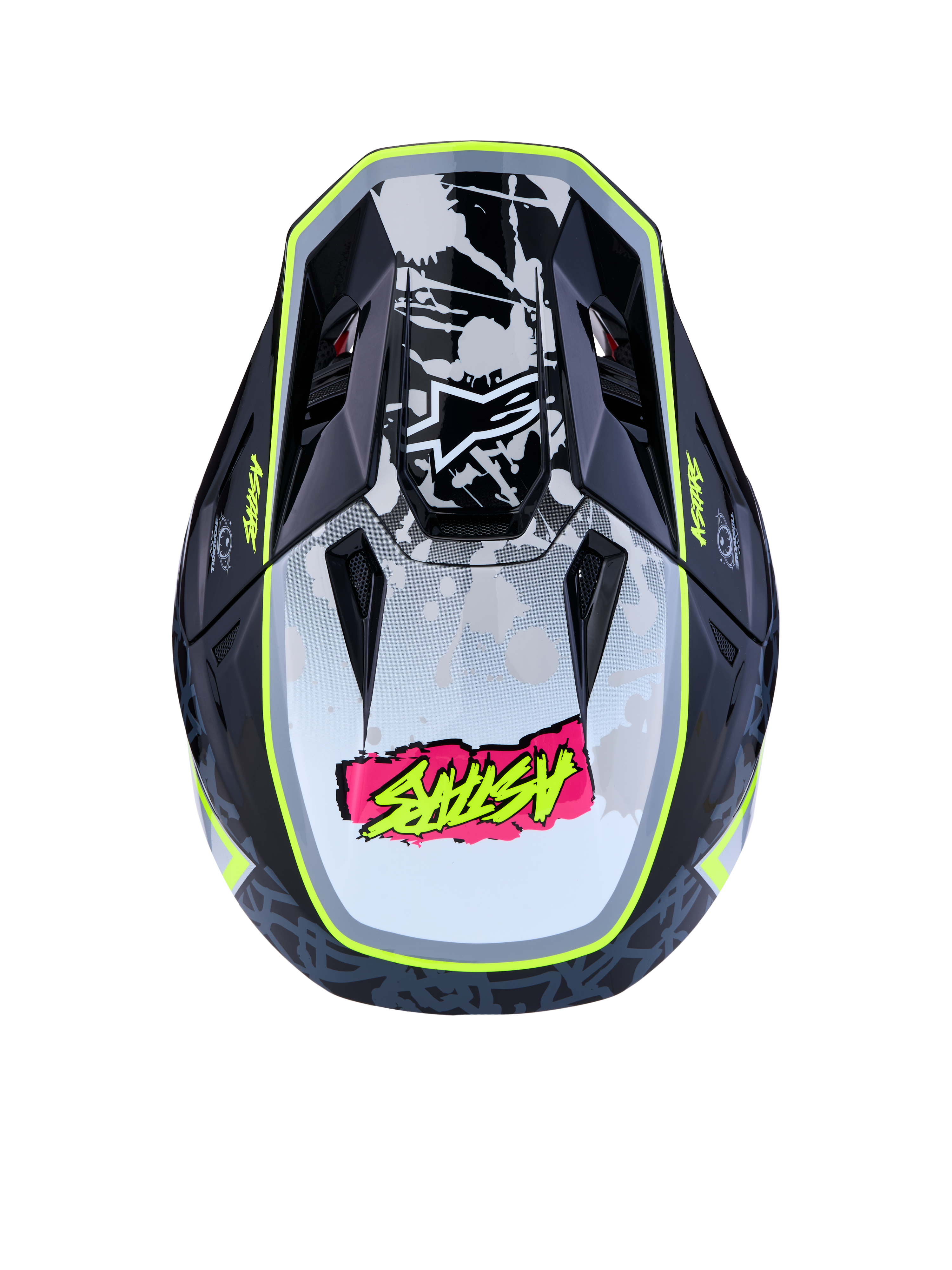 Casque Alpinestars S-M7 Blaster ECE06, casque de motocross noir et jaune fluo, coque aérodynamique vue de dessus, certifié ECE