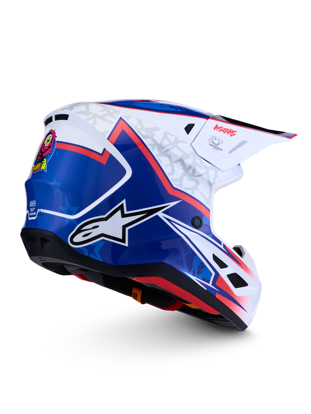 Alpinestars S-M7 Blaster, casque de motocross bleu et blanc brillant avec accents rouges, coque aérodynamique tout-terrain