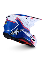 Alpinestars S-M7 Blaster, casque de motocross bleu et blanc brillant avec accents rouges, coque aérodynamique tout-terrain