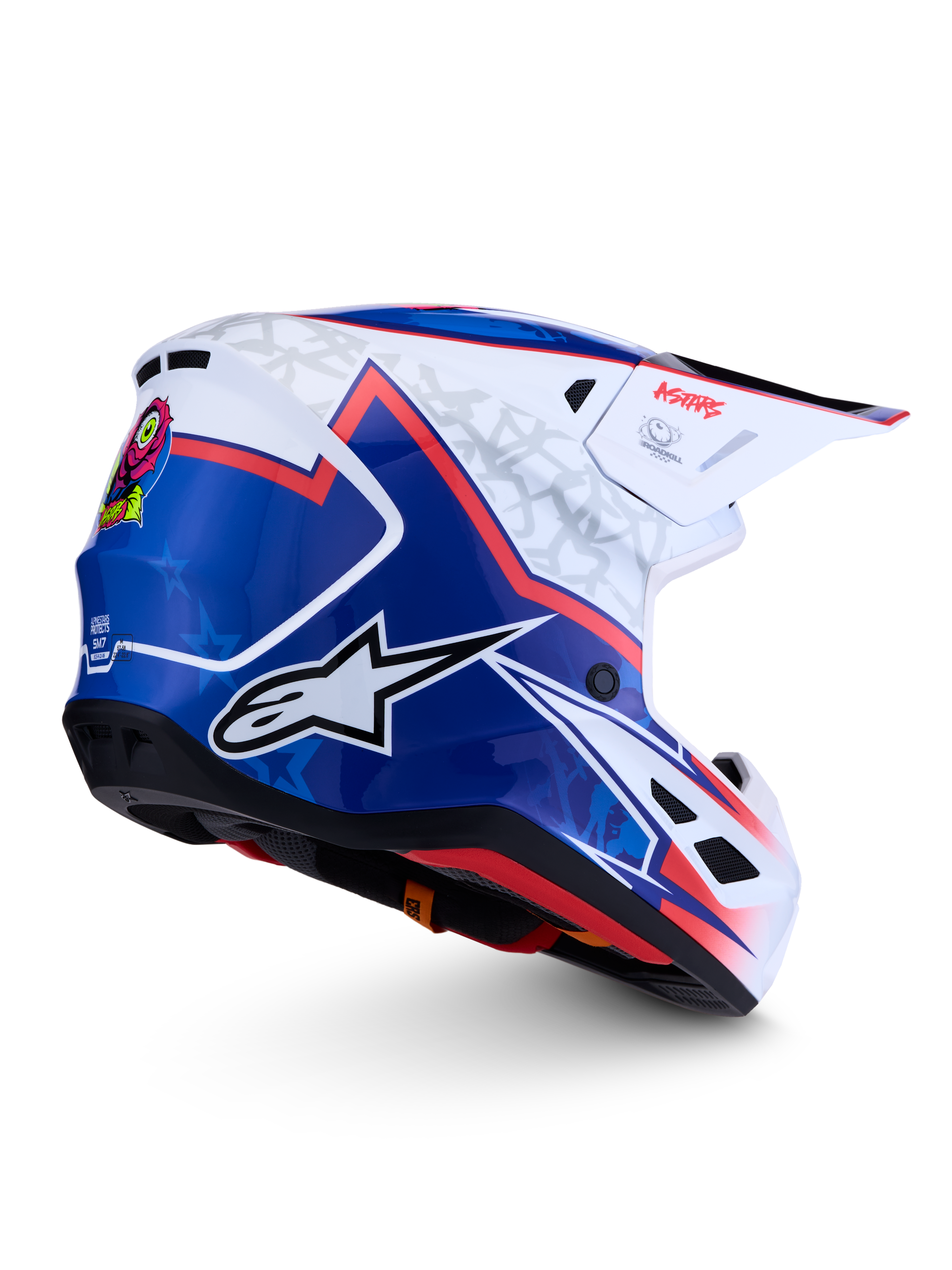 Alpinestars S-M7 Blaster, casque de motocross bleu et blanc brillant avec accents rouges, coque aérodynamique tout-terrain