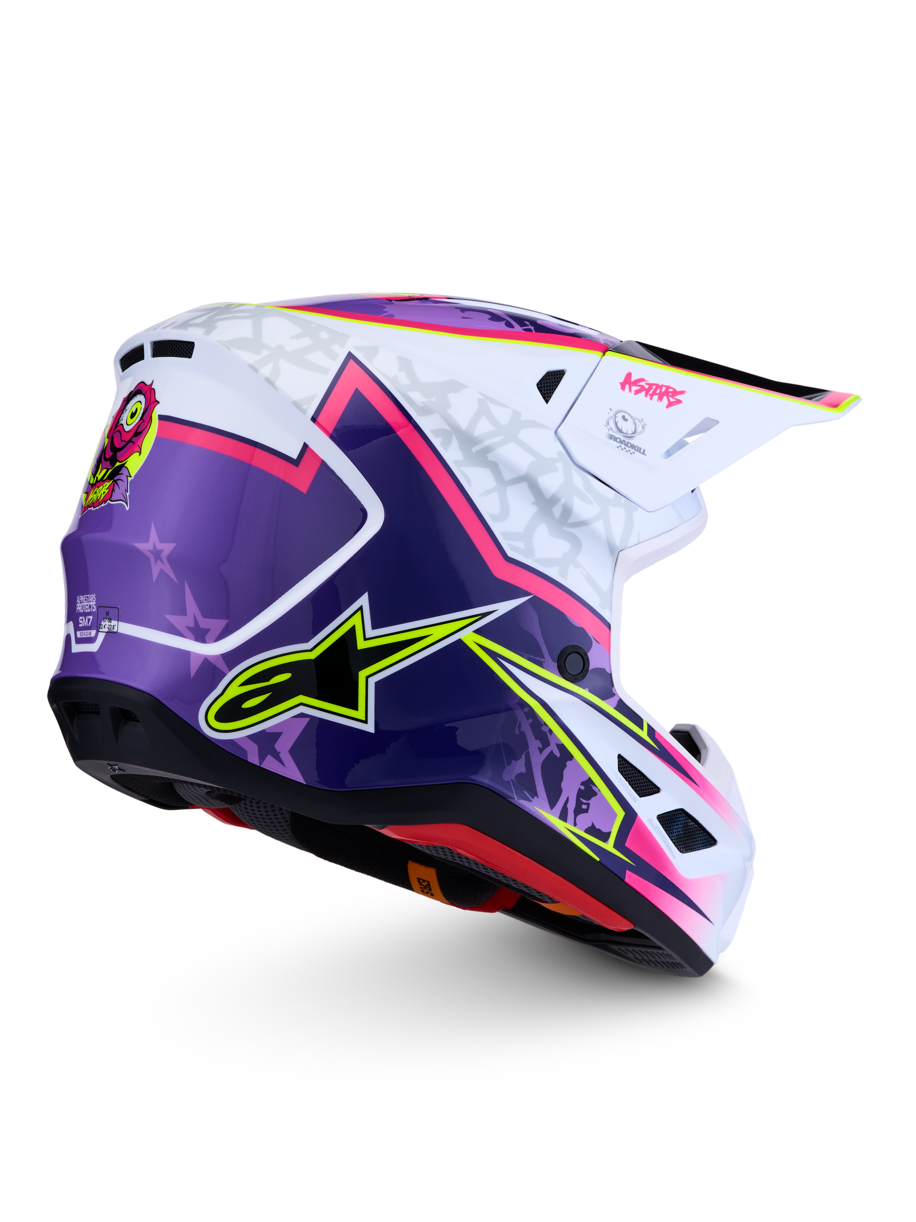 Casque Alpinestars S-M7 Blaster, équipement de motocross violet, rose et blanc brillant, coque aérodynamique, certifié ECE 22.06
