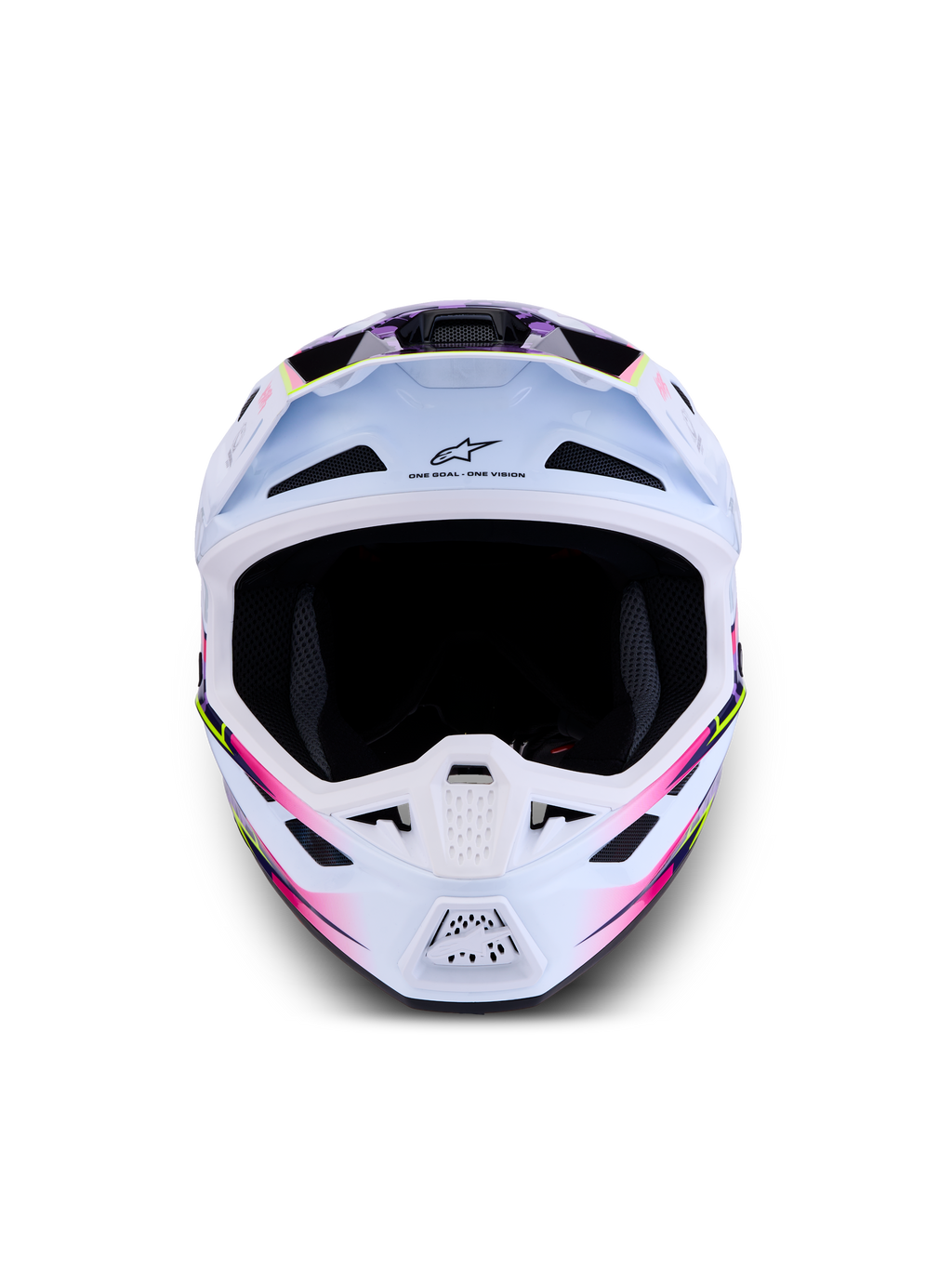 Alpinestars S-M7 Blaster ECE06, casque de motocross tout-terrain, blanc avec graphismes violets et roses, certifié ECE 06