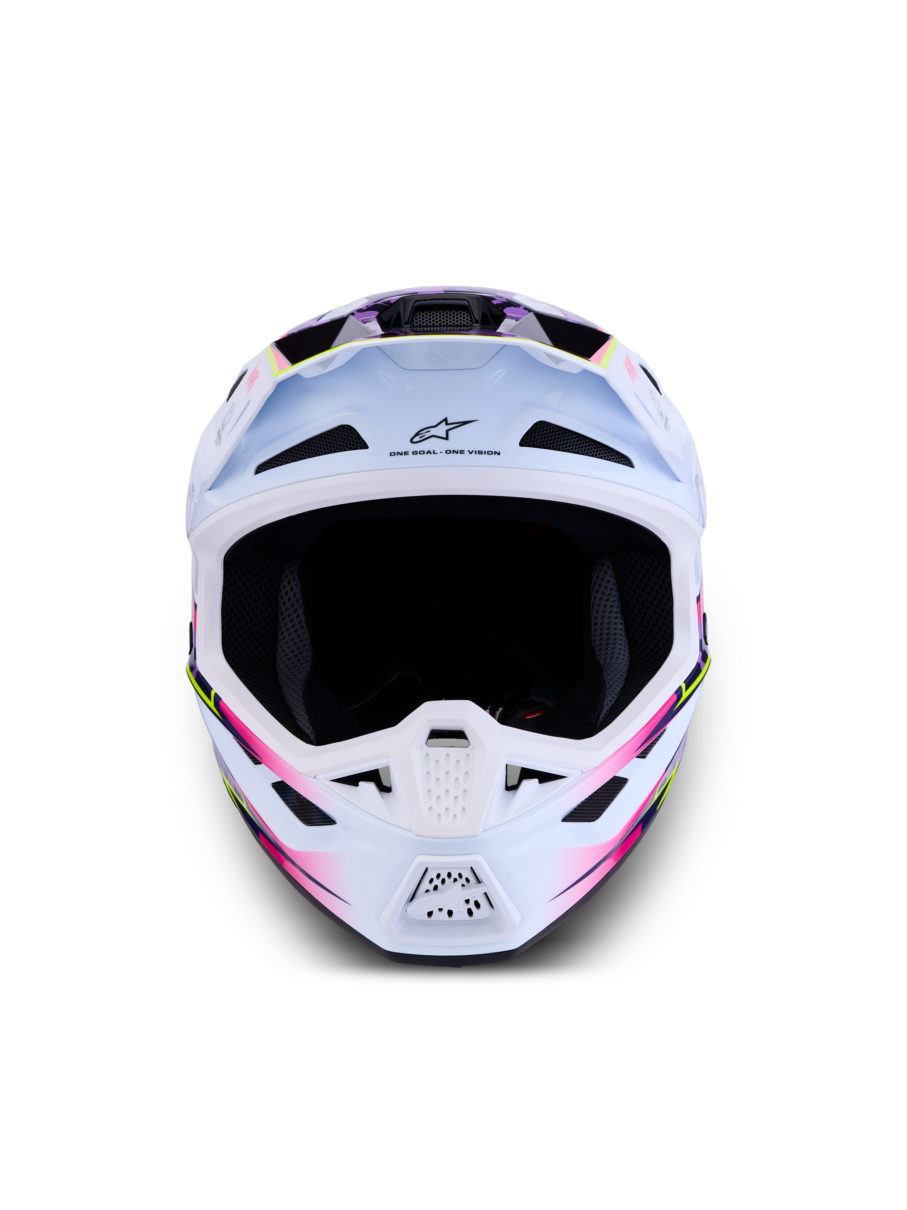 Alpinestars S-M7 Blaster ECE06, casque de motocross tout-terrain, blanc avec graphismes violets et roses, certifié ECE 06