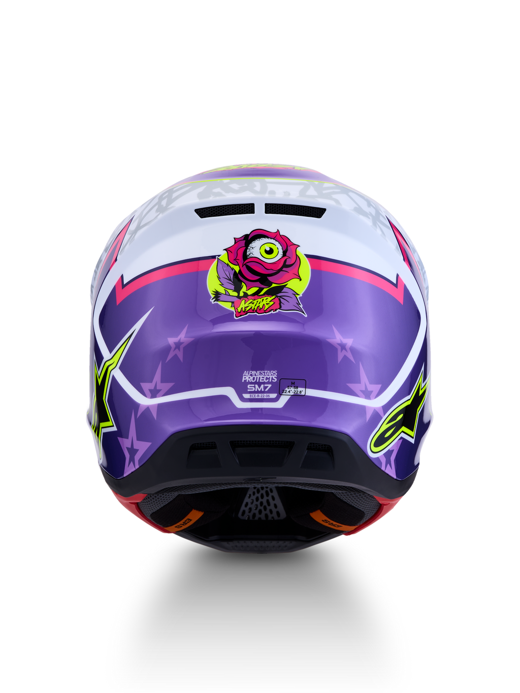Alpinestars S-M7 Blaster ECE06, casque de motocross violet et rose brillant, vue arrière avec motif de rose et étoiles.