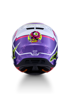 Alpinestars S-M7 Blaster ECE06, casque de motocross violet et rose brillant, vue arrière avec motif de rose et étoiles.