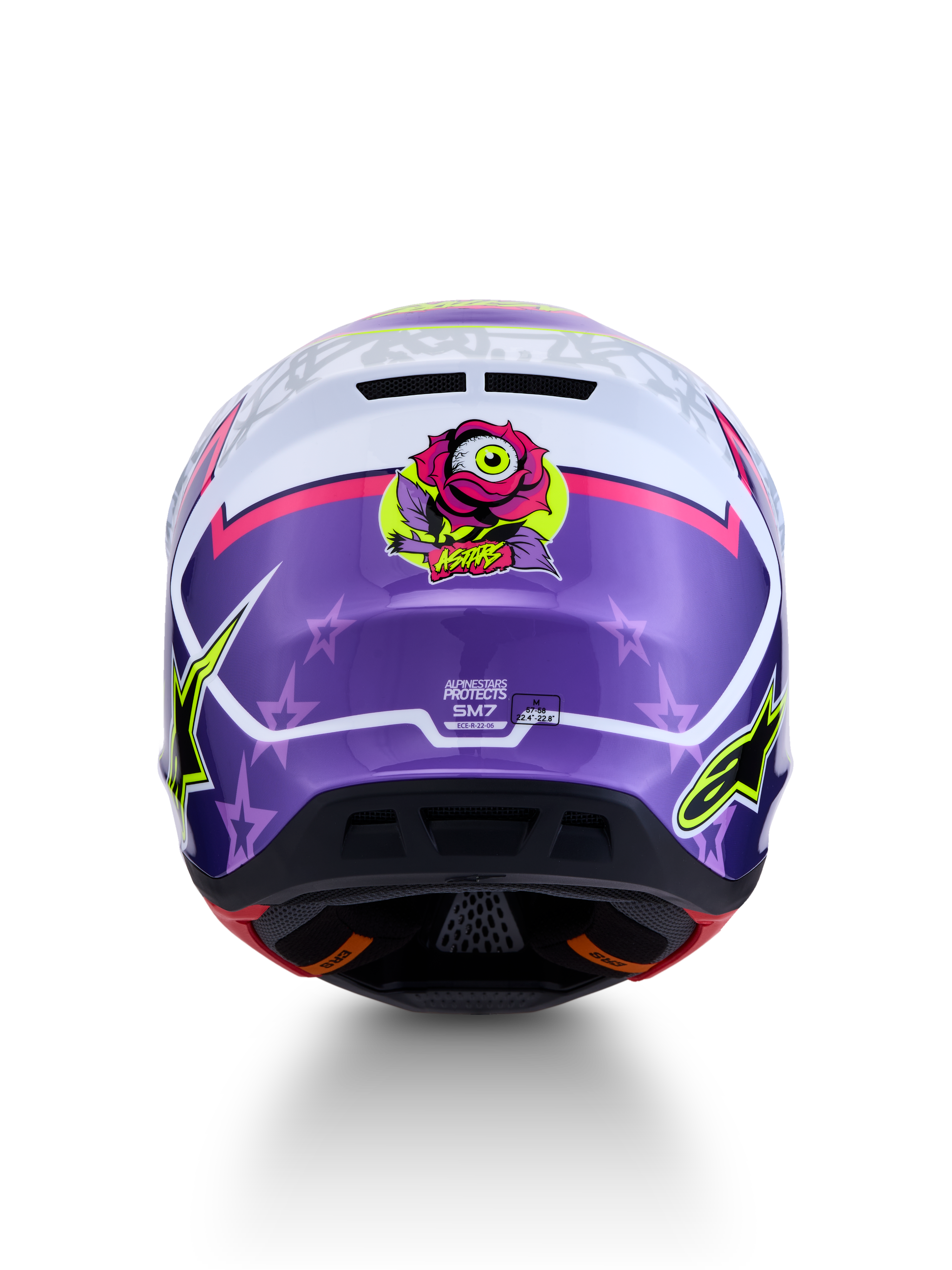 Alpinestars S-M7 Blaster ECE06, casque de motocross violet et rose brillant, vue arrière avec motif de rose et étoiles.