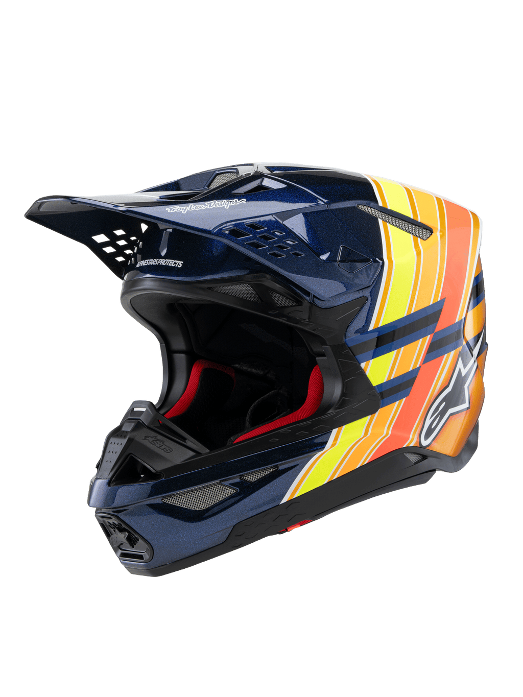 Casque Alpinestars Supertech M10 TLD Edition 25, casque de motocross, bleu foncé brillant avec graphismes orange et jaune fluo, doté d'un rembourrage intérieur rouge, coque aérodynamique avec plusieurs orifices de ventilation, logo Troy Lee Designs sur la visière, équipement professionnel de course tout-terrain