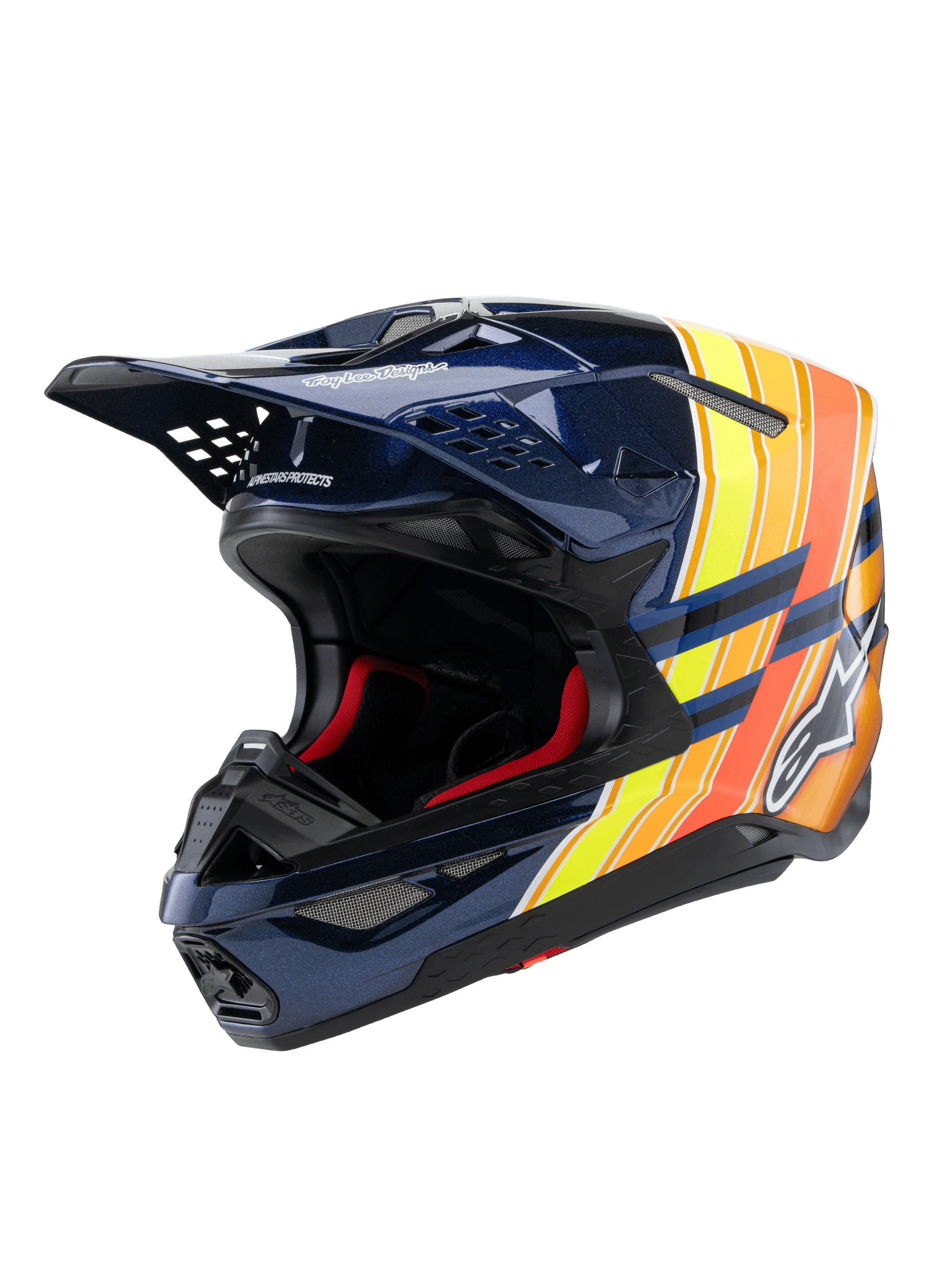 Casque Alpinestars Supertech M10 TLD Edition 25, casque de motocross, bleu foncé brillant avec graphismes orange et jaune fluo, doté d'un rembourrage intérieur rouge, coque aérodynamique avec plusieurs orifices de ventilation, logo Troy Lee Designs sur la visière, équipement professionnel de course tout-terrain