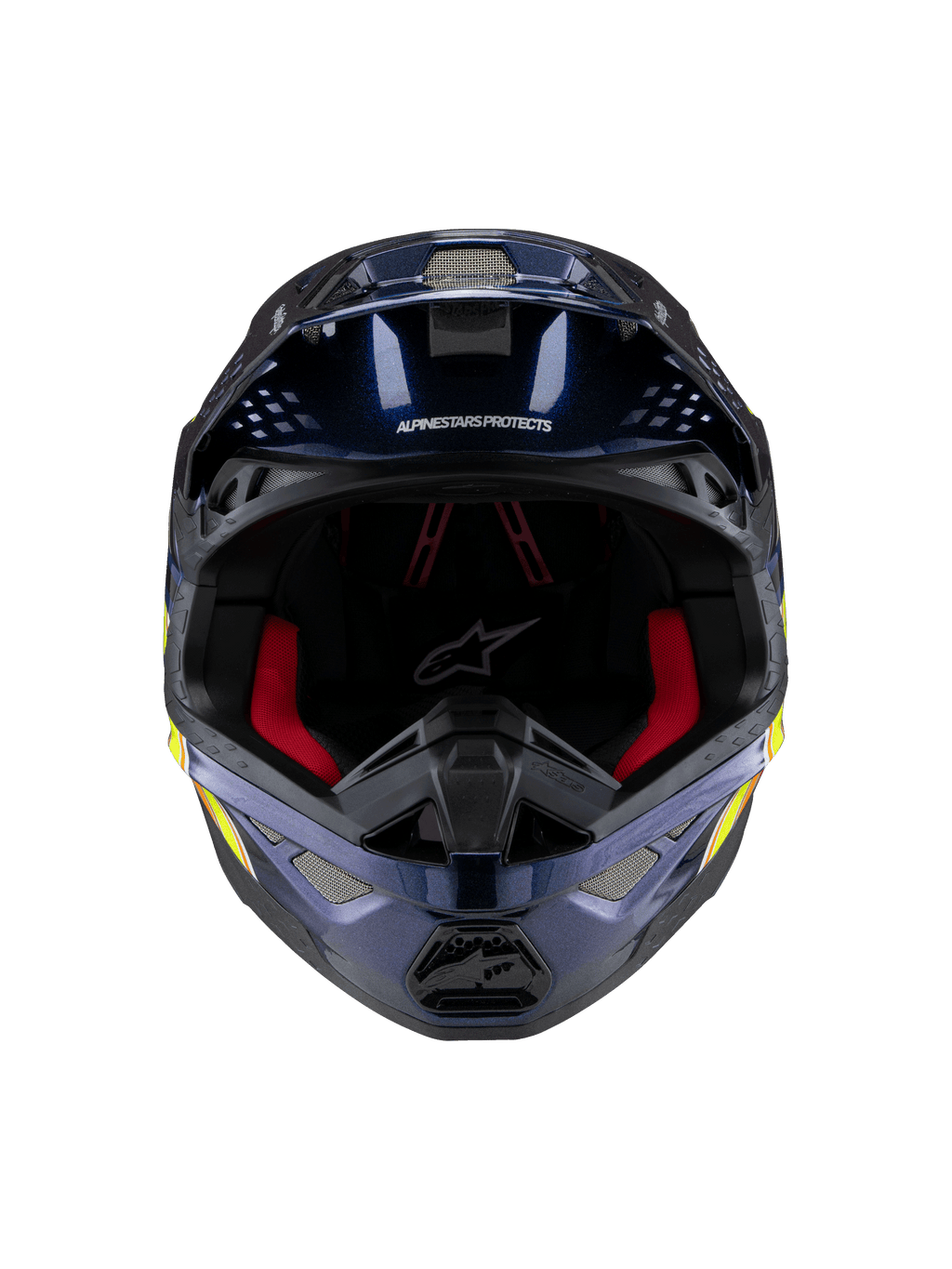 Casque Alpinestars Supertech M10 TLD Edition 25, casque de motocross, bleu foncé métallisé brillant avec rembourrage intérieur rouge, vue de face montrant les grilles de ventilation et les graphismes latéraux jaunes et oranges, protection haut de gamme pour la course tout-terrain.