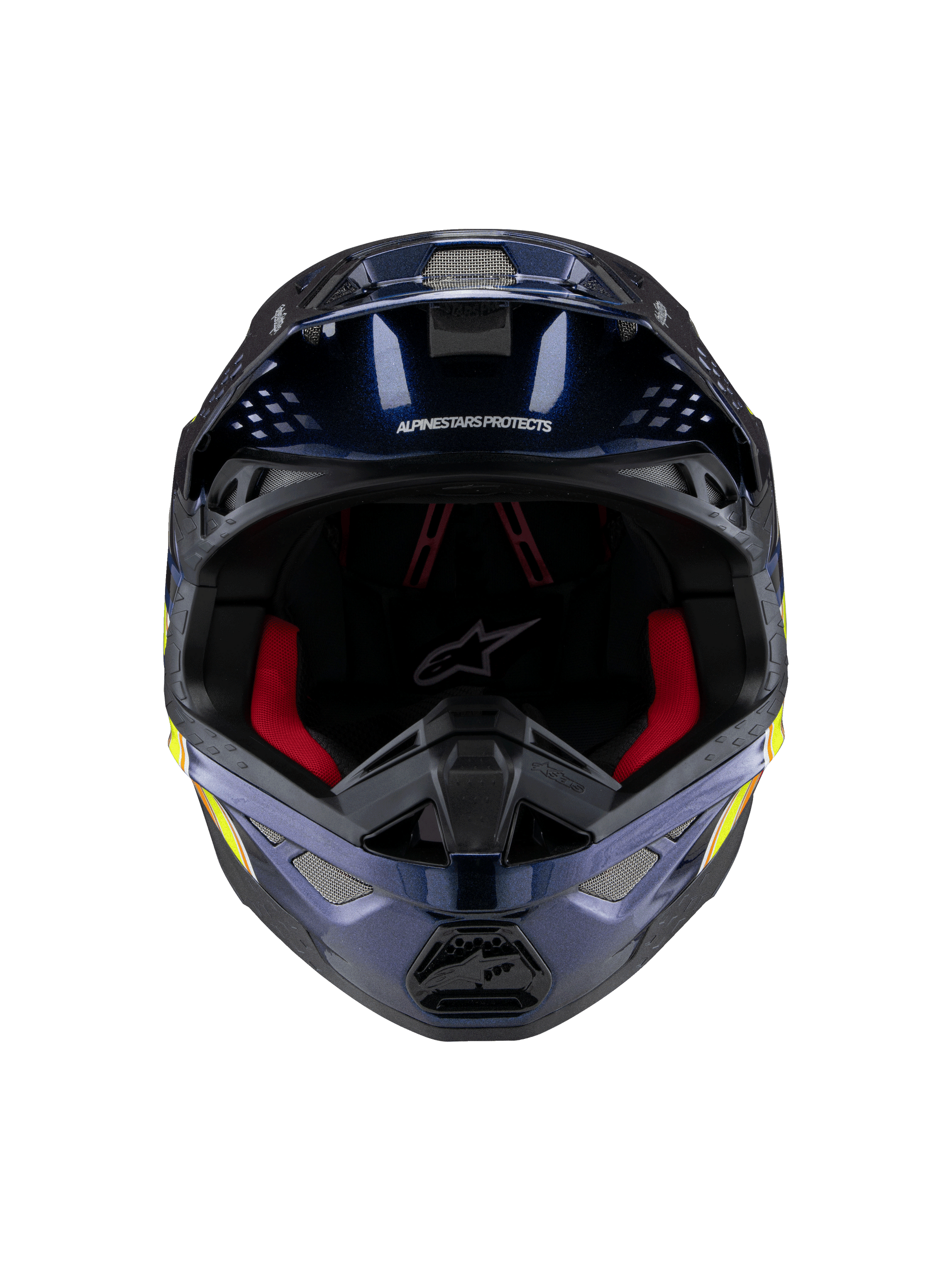 Casque Alpinestars Supertech M10 TLD Edition 25, casque de motocross, bleu foncé métallisé brillant avec rembourrage intérieur rouge, vue de face montrant les grilles de ventilation et les graphismes latéraux jaunes et oranges, protection haut de gamme pour la course tout-terrain.