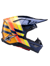 Casque Alpinestars Supertech M10 TLD Edition 25, casque de motocross, bleu métallisé foncé avec rayures orange, jaunes et rouges éclatantes, vue de profil, finition brillante avec logos Alpinestars et Troy Lee Designs, coque aérodynamique avec multiples aérations en mesh pour la course tout-terrain