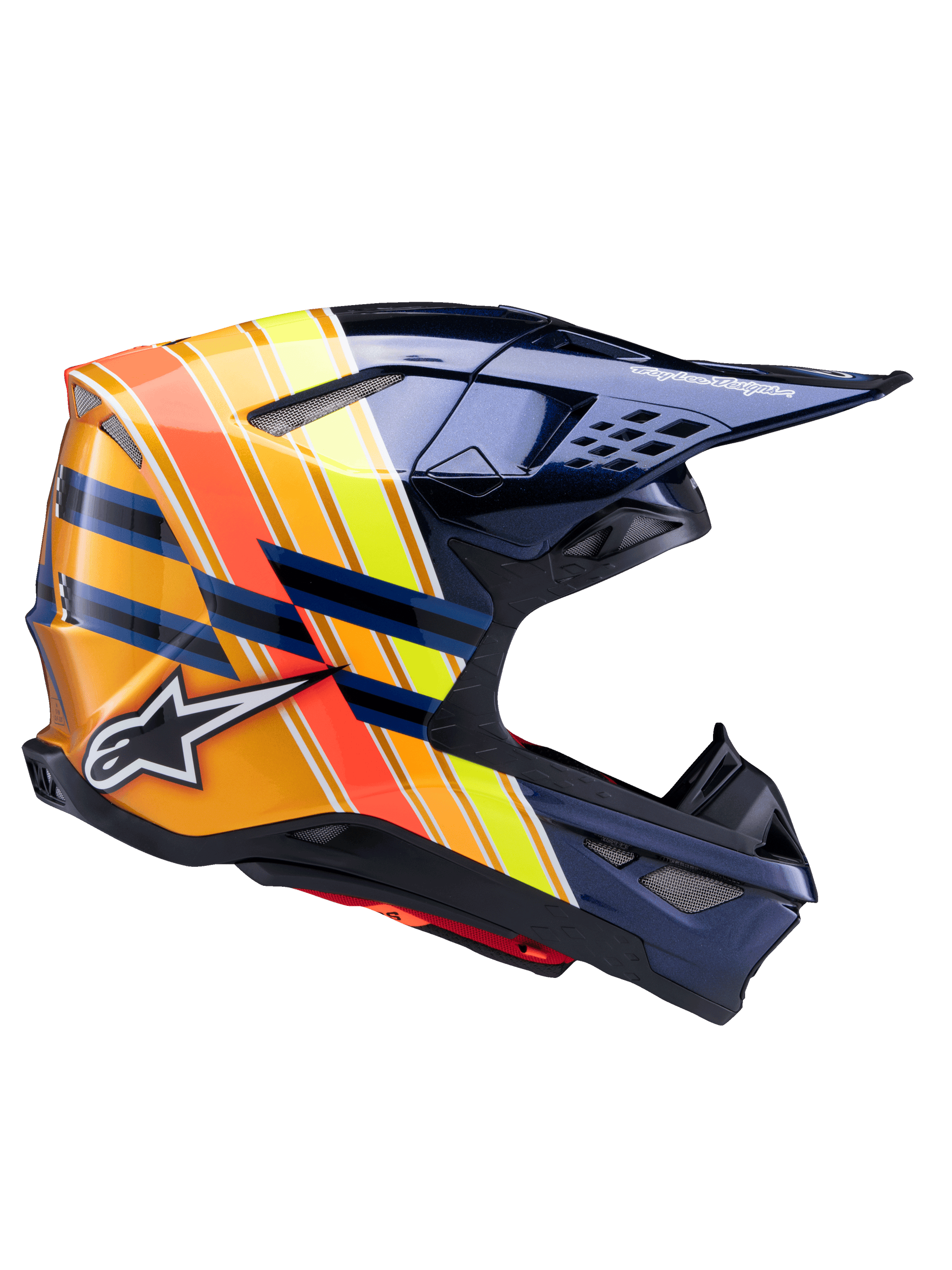 Casque Alpinestars Supertech M10 TLD Edition 25, casque de motocross, bleu métallisé foncé avec rayures orange, jaunes et rouges éclatantes, vue de profil, finition brillante avec logos Alpinestars et Troy Lee Designs, coque aérodynamique avec multiples aérations en mesh pour la course tout-terrain
