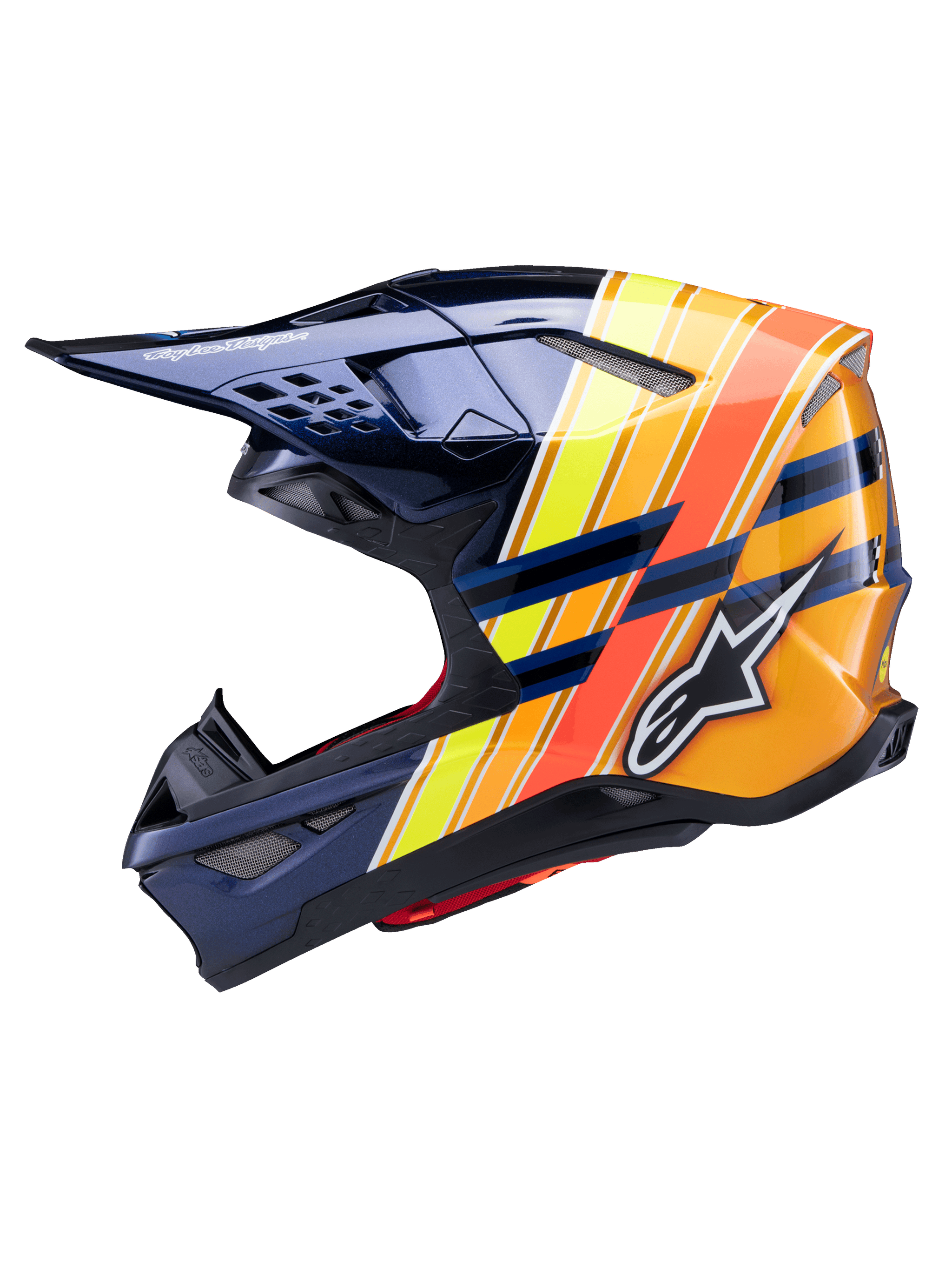 Casque Alpinestars Supertech M10 TLD Edition 25, profil latéral, bleu foncé brillant avec rayures graphiques orange vif, jaunes et rouge fluorescent, logo Alpinestars blanc et marquage Troy Lee Designs, casque de motocross haute performance pour le tout-terrain