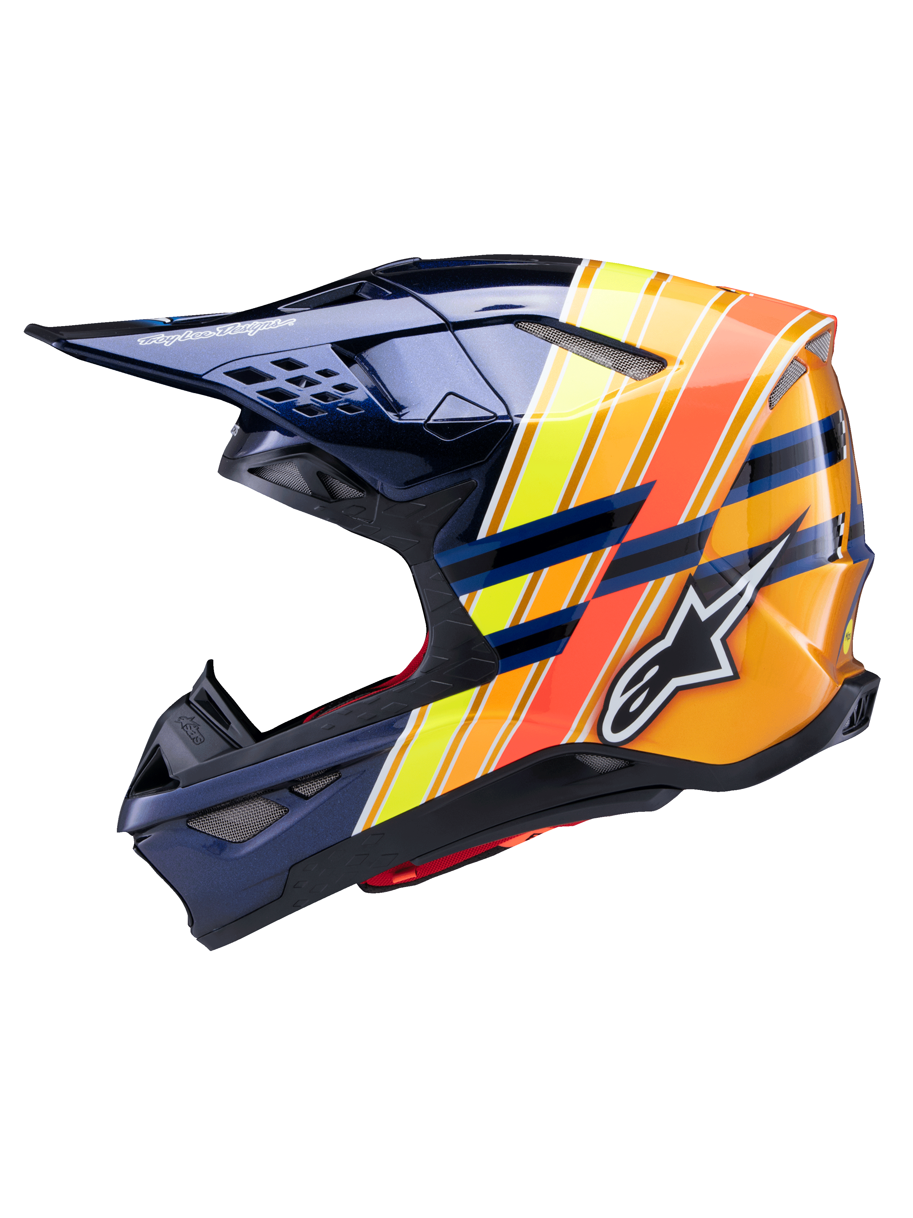 Casque Alpinestars Supertech M10 TLD Edition 25, profil latéral, bleu foncé brillant avec rayures graphiques orange vif, jaunes et rouge fluorescent, logo Alpinestars blanc et marquage Troy Lee Designs, casque de motocross haute performance pour le tout-terrain