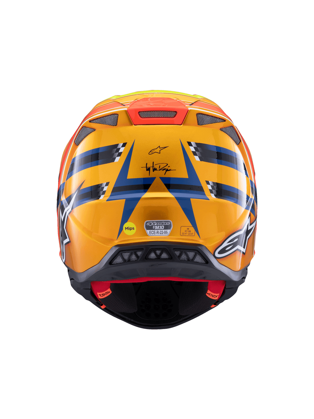 Casque Alpinestars Supertech M10 TLD Edition 25, casque de motocross, vue arrière, orange et bleu brillant avec accents jaune fluorescent et rouge, logo Troy Lee Designs et système de sécurité MIPS, design aérodynamique avec orifices d'évacuation