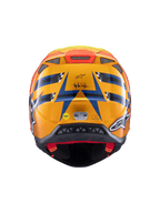 Casque Alpinestars Supertech M10 TLD Edition 25, casque de motocross, vue arrière, orange et bleu brillant avec accents jaune fluorescent et rouge, logo Troy Lee Designs et système de sécurité MIPS, design aérodynamique avec orifices d'évacuation