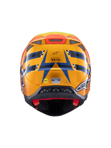 Casque Alpinestars Supertech M10 TLD Edition 25, casque de motocross, vue arrière, orange et bleu brillant avec accents jaune fluorescent et rouge, logo Troy Lee Designs et système de sécurité MIPS, design aérodynamique avec orifices d'évacuation