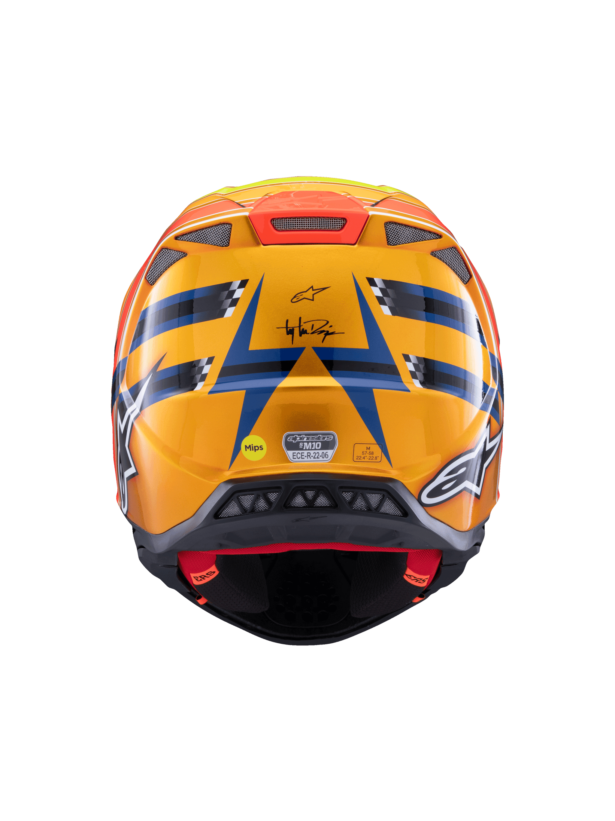 Casque Alpinestars Supertech M10 TLD Edition 25, casque de motocross, vue arrière, orange et bleu brillant avec accents jaune fluorescent et rouge, logo Troy Lee Designs et système de sécurité MIPS, design aérodynamique avec orifices d'évacuation