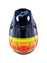Casque Alpinestars Supertech M10 TLD Edition 25, casque de motocross, bleu foncé brillant avec des rayures orange, jaune fluo et rouges, vue de dessus montrant la visière avec le logo Astar et les orifices de ventilation en maille, équipement de course tout-terrain professionnel