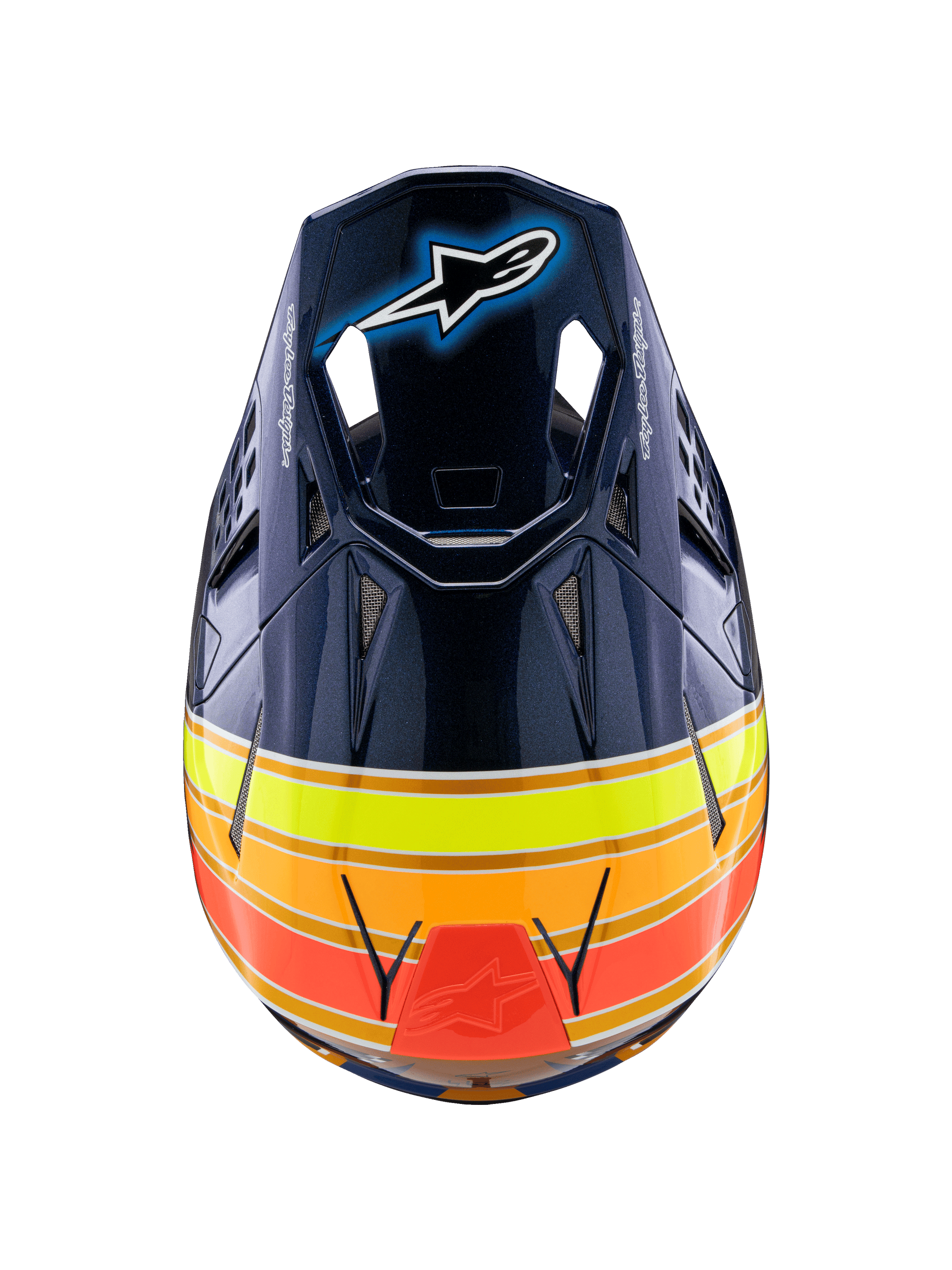 Casque Alpinestars Supertech M10 TLD Edition 25, casque de motocross, bleu foncé brillant avec des rayures orange, jaune fluo et rouges, vue de dessus montrant la visière avec le logo Astar et les orifices de ventilation en maille, équipement de course tout-terrain professionnel