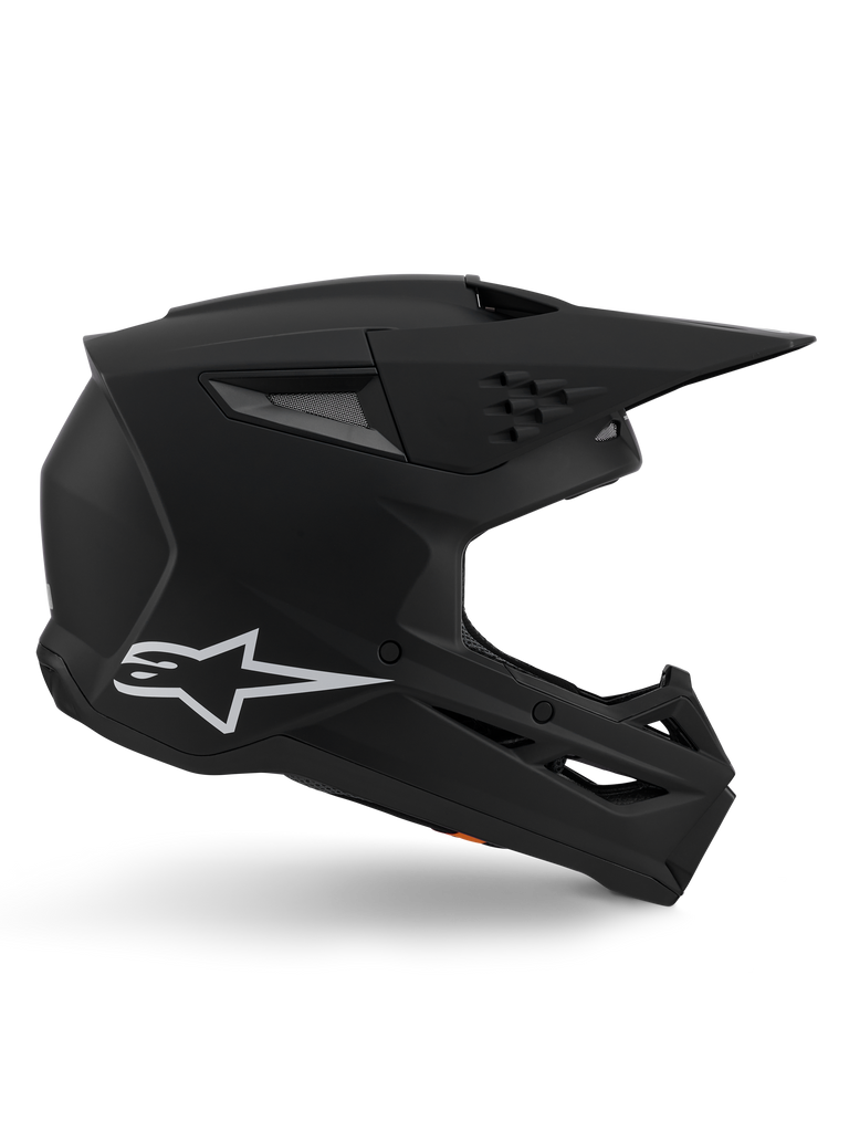 Casque Alpinestars S-M3 Solid, casque de motocross, finition noir mat, profil latéral avec logo Alpinestars blanc, coque aérodynamique avec plusieurs orifices de ventilation et large visière, équipement de protection tout-terrain de qualité professionnelle
