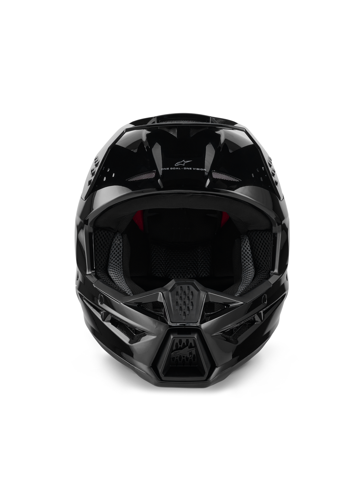 Casque Alpinestars S-M3 Solid ECE 22.06, casque de motocross, noir brillant, vue de face montrant les ports de ventilation d'admission, coque aérodynamique élégante avec finition brillante, arborant le logo Alpinestars et le slogan « One Goal. One Vision. »